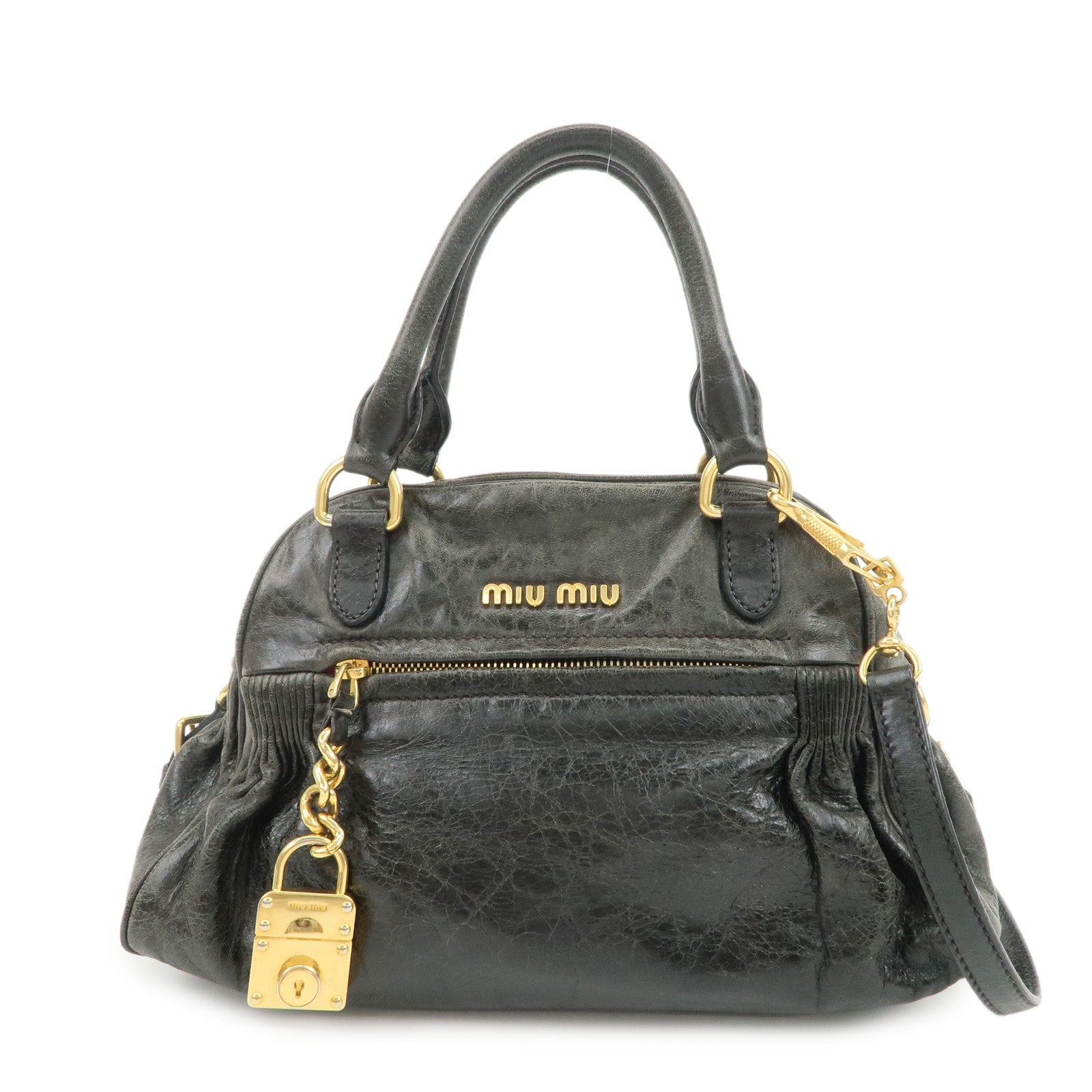 MIU MIU Logo Leather 2Way Bag Hand Bag Shoulder Bag Black