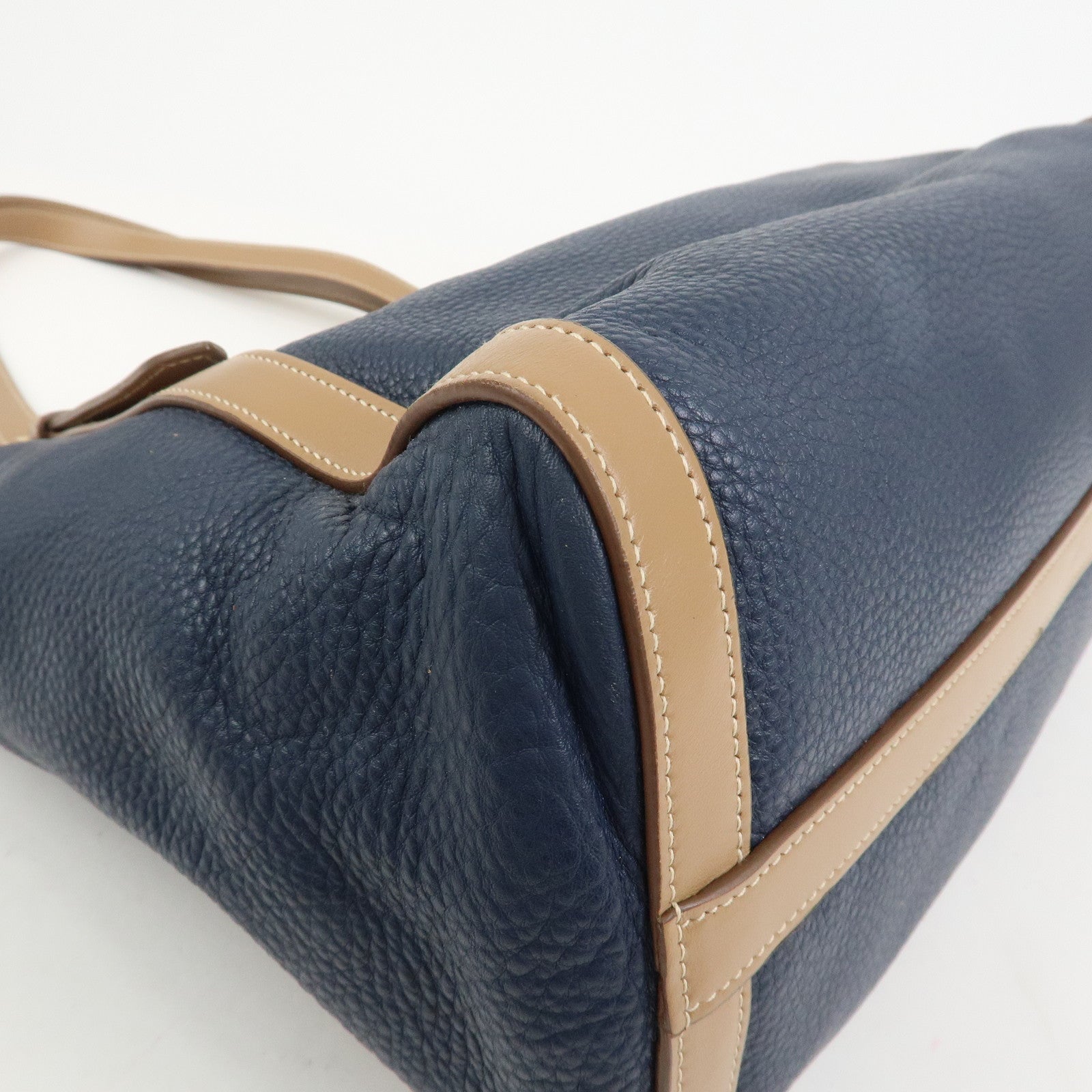 PRADA Logo Leather Tote Bag Shoulder Bag Navy Light Brown 1BG064