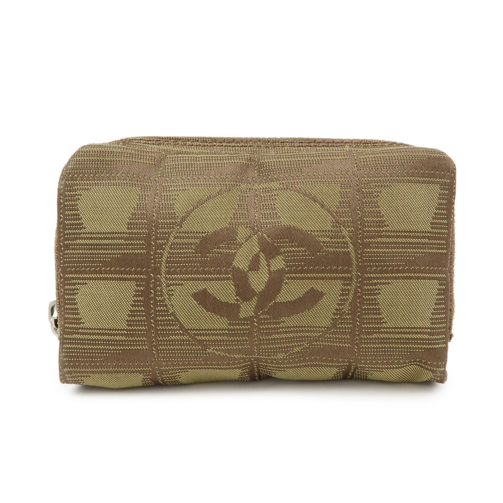 CHANEL New Travel Line Nylon Jacquard Mini Pouch Cosmetic Bag Khaki