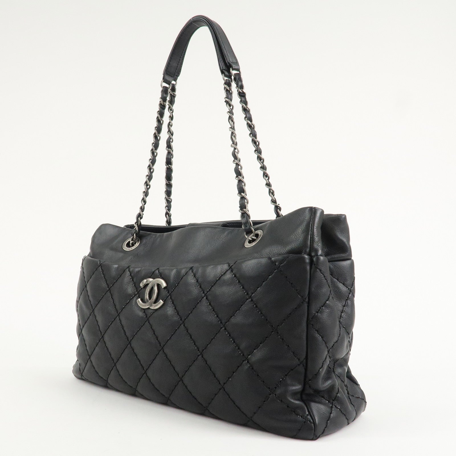 CHANEL COCO Mark Wild Stich Leather Chain Shoulder Bag Black Used