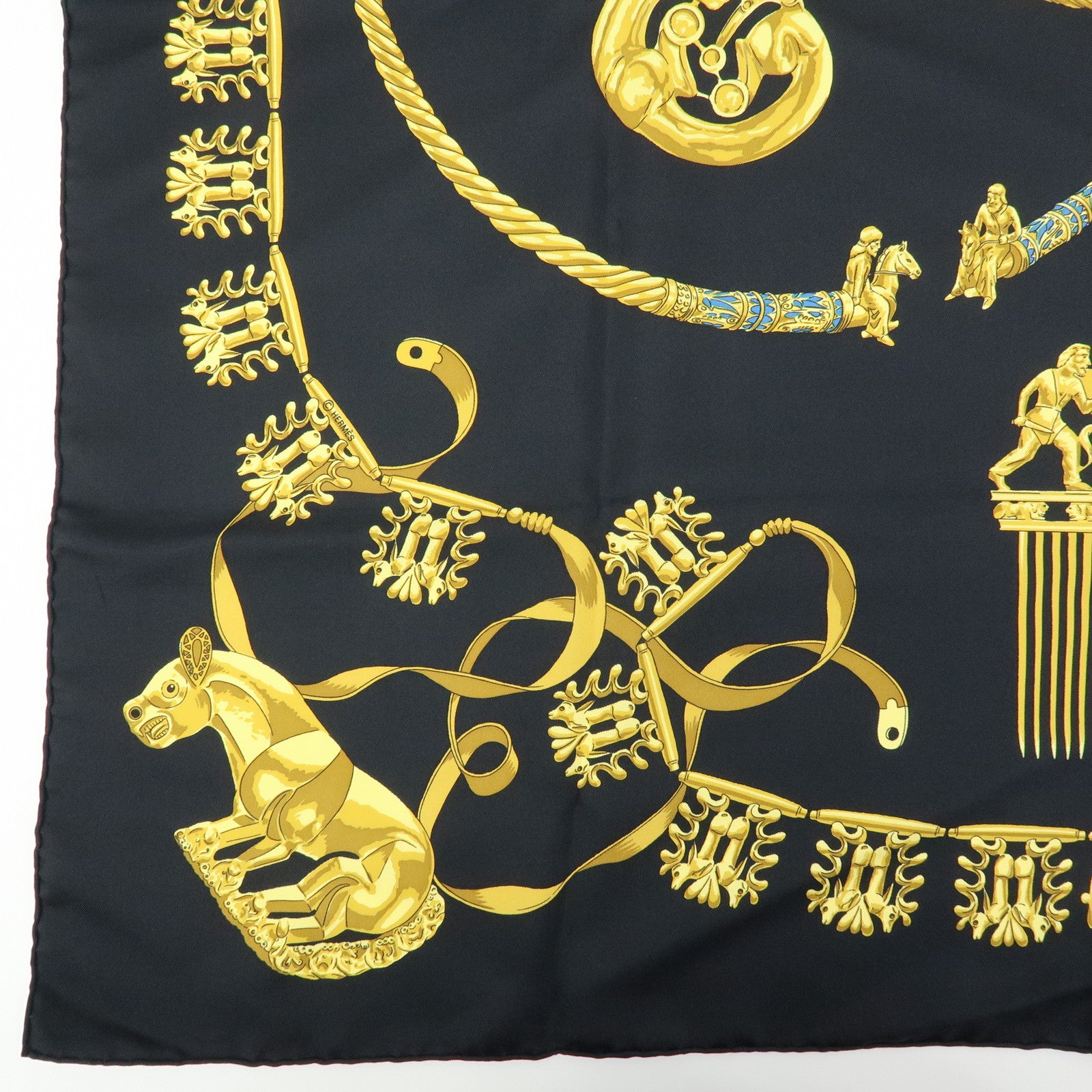 HERMES Carre 90 Silk 100% Scarf LES CAVALIERS D'OR Black Gold