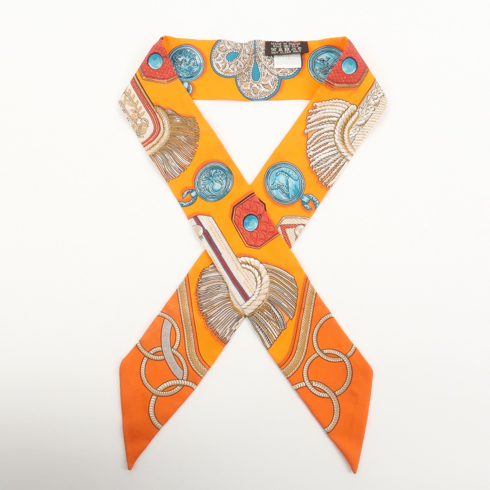 HERMES Twilly Tassel Motif Silk 100% Scarf Orange