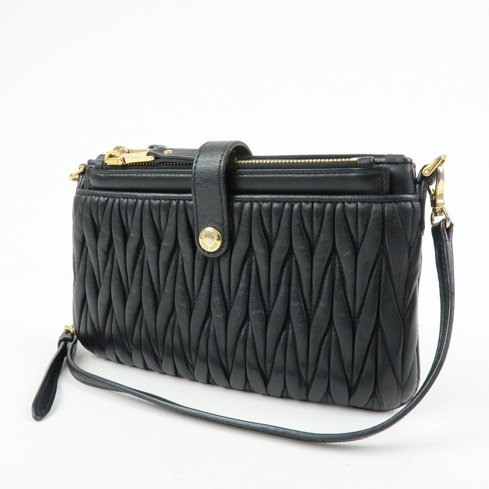 MIU MIU Matelasse Leather Gathered Shoulder Bag Crossbody Bag Black