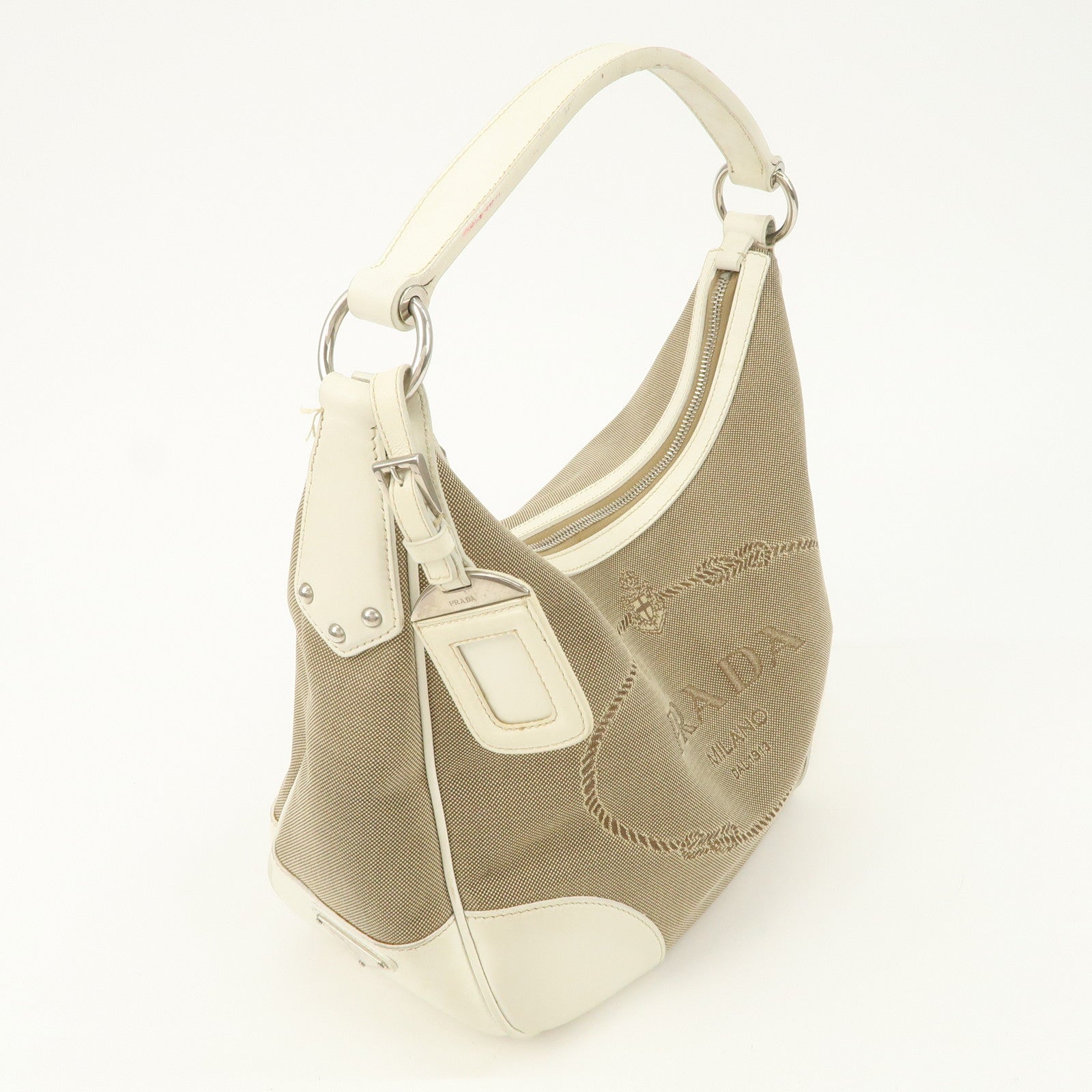 PRADA Logo Jacquard Canvas Leather Shoulder Bag Hand Bag BR3423