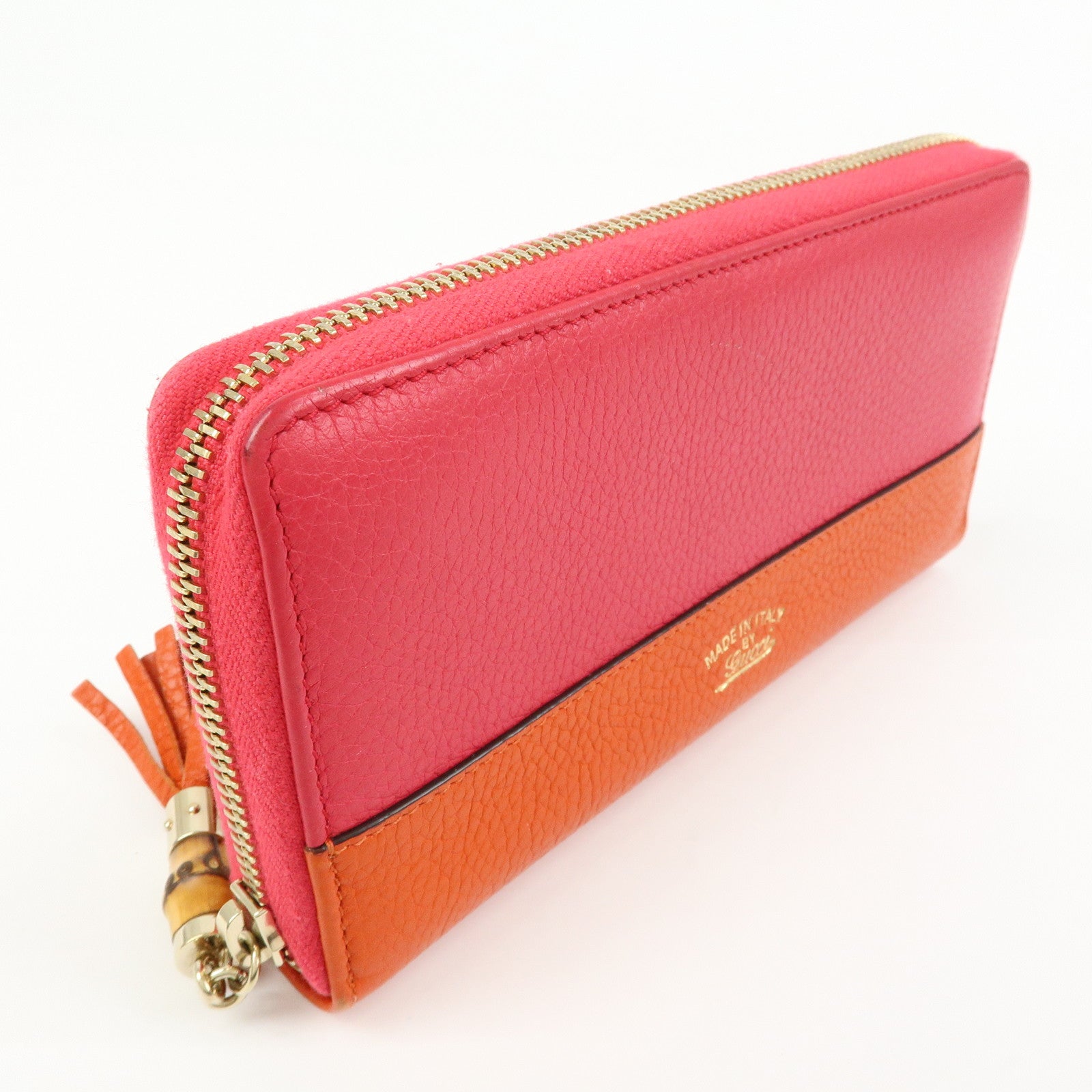 GUCCI Bamboo Leather Round Zippy Long Wallet Pink Orange 307984