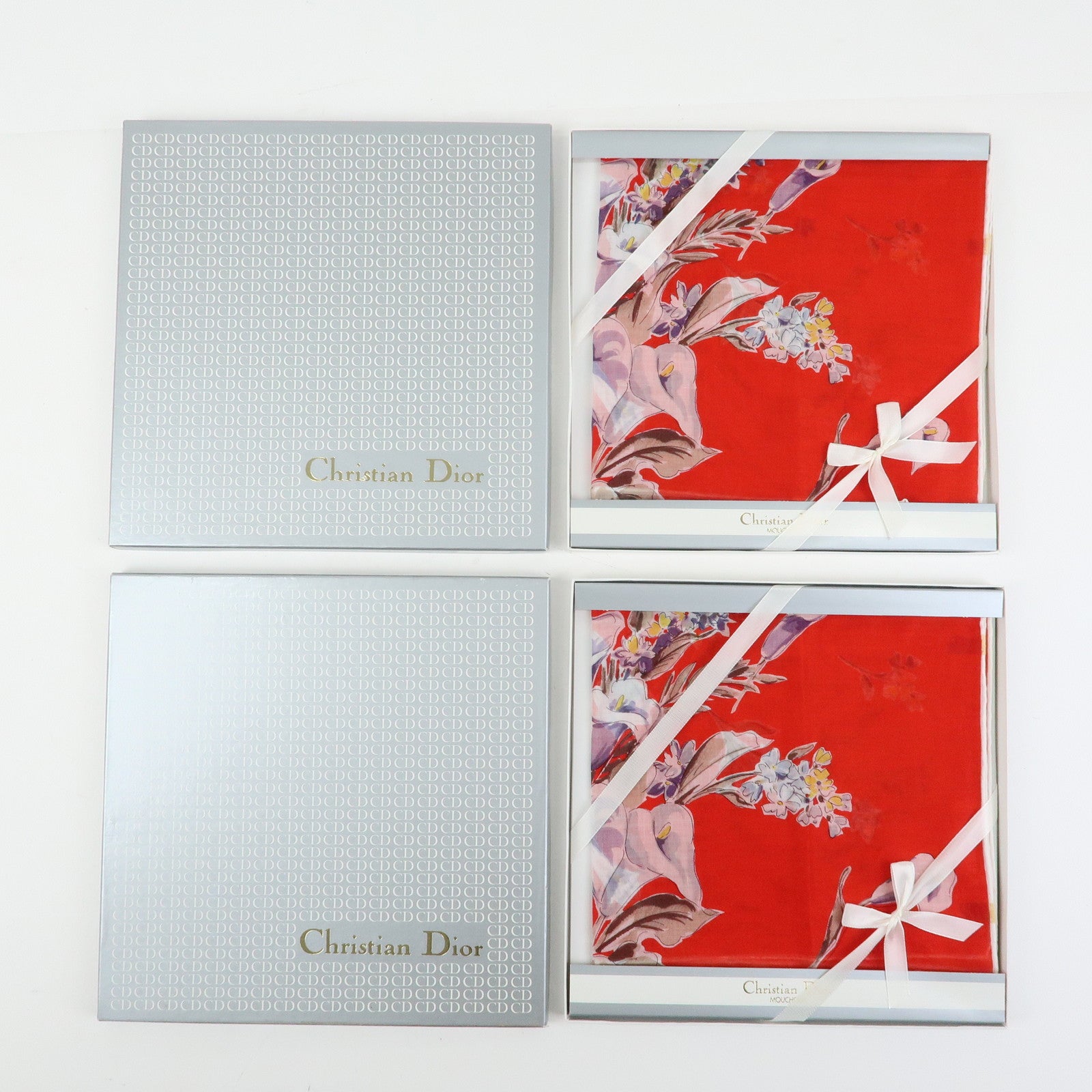 Christian Dior Set of 2 Cotton 100% Scarf Flower Print Red