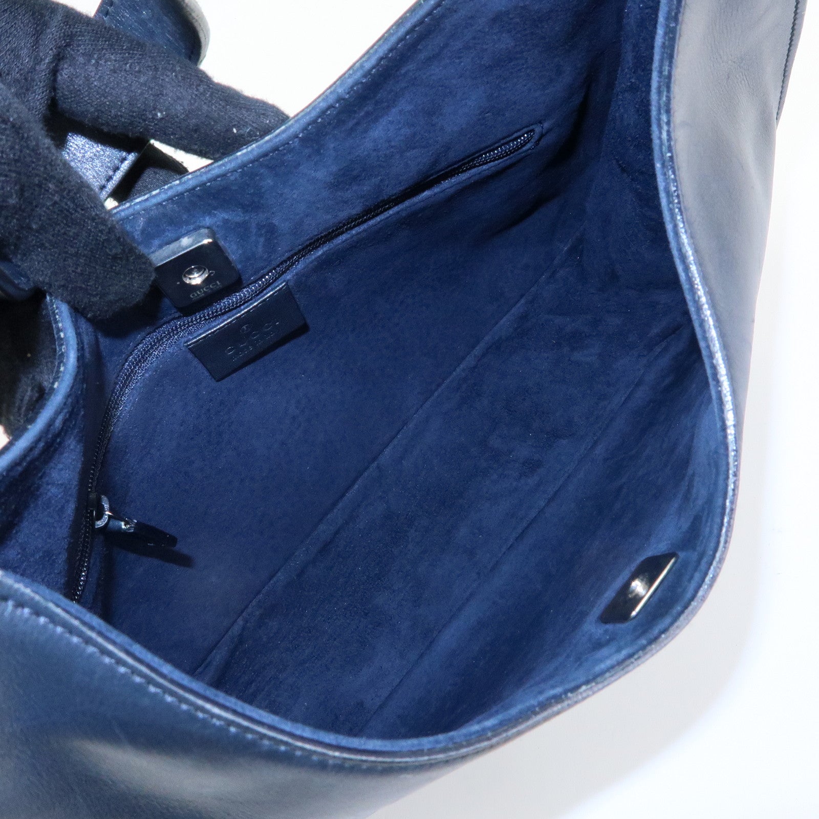 GUCCI Logo Leather Shoulder Bag Hand Bag Navy 001・3767