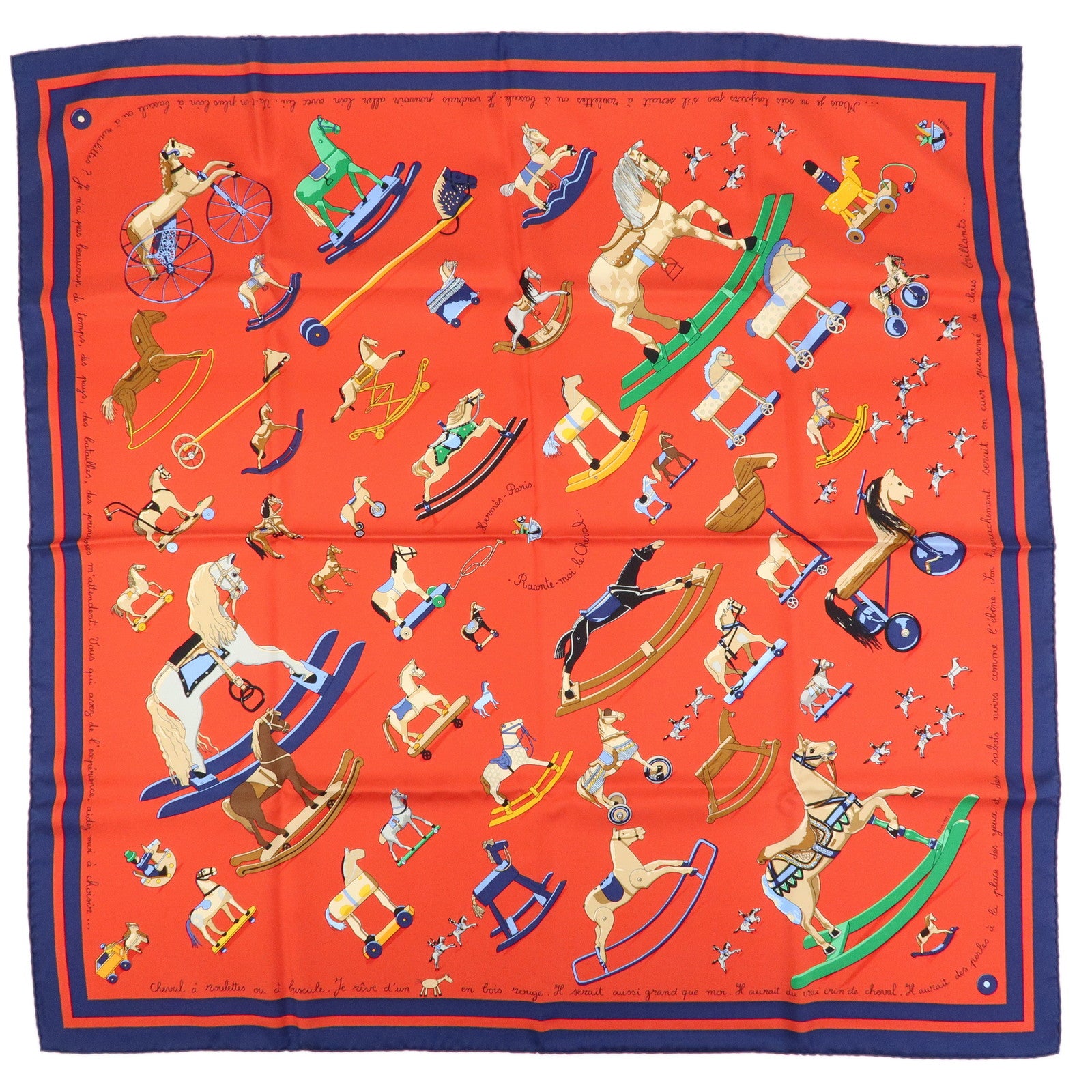 HERMES Carre 90 Silk 100% Scarf Raconte moi le cheval Red Navy