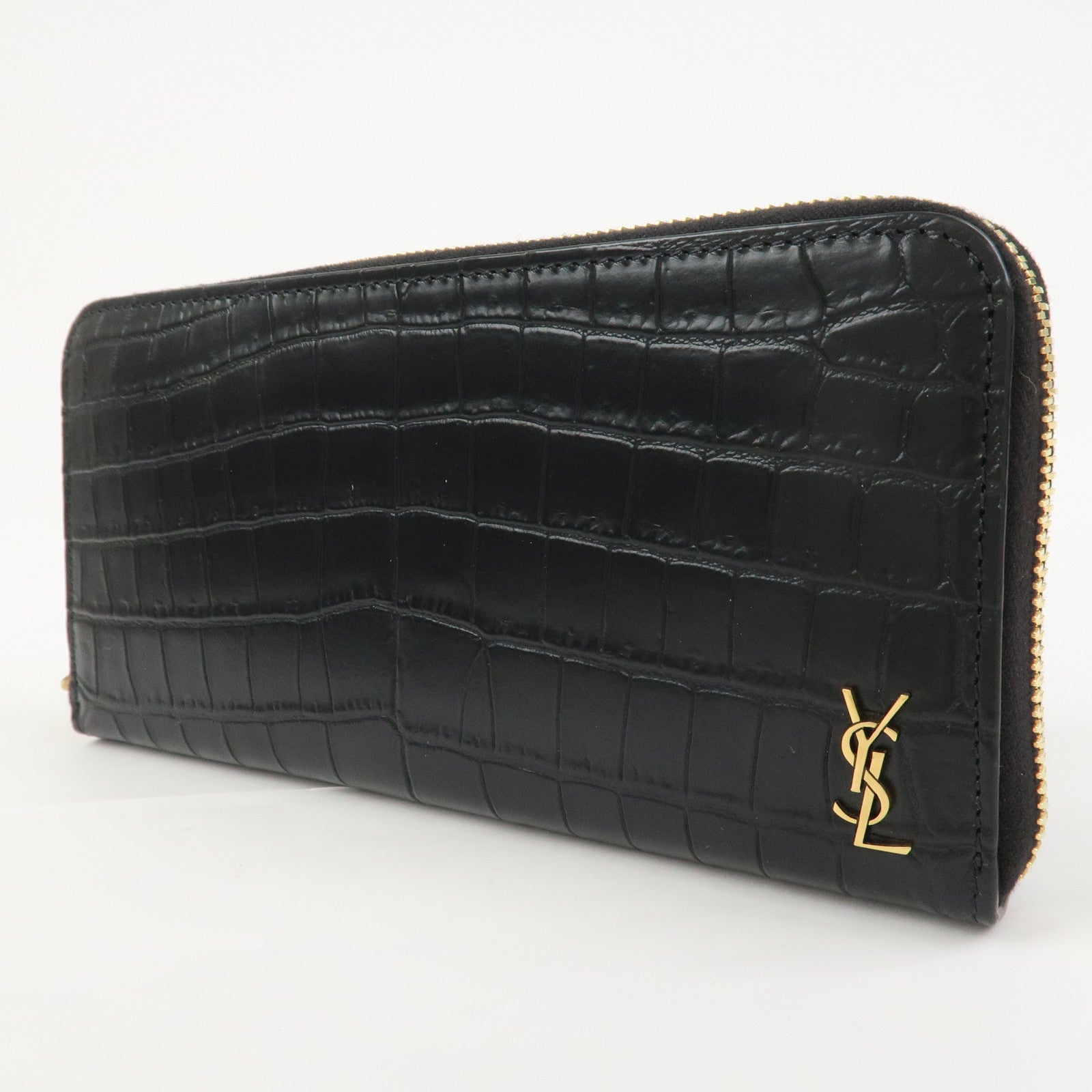 SAINT LAURENT Logo Emboss Leather Zippy Long Wallet Black