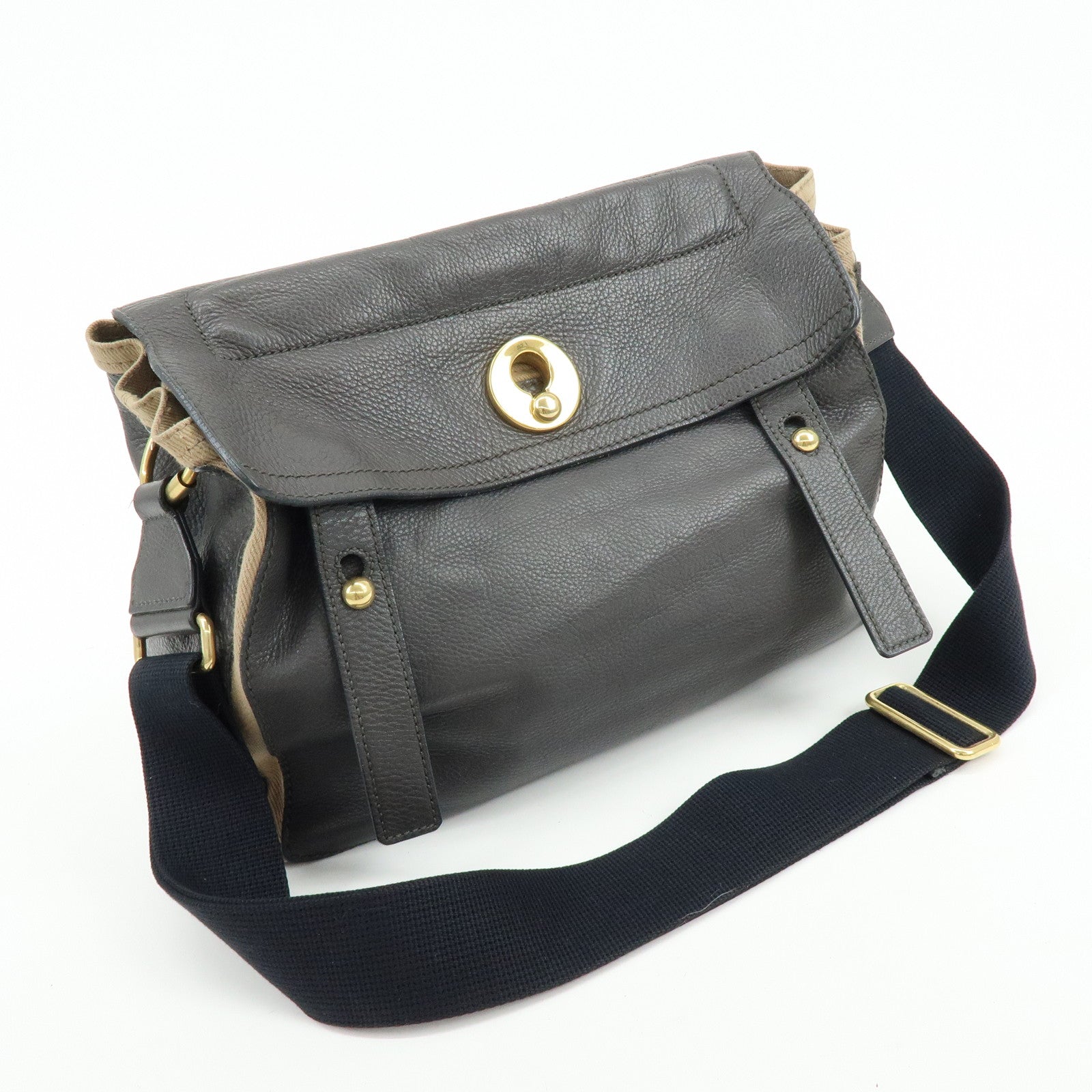 SAINT LAURENT PARIS Muse Leather Canvas Shoulder Bag Dark Brown