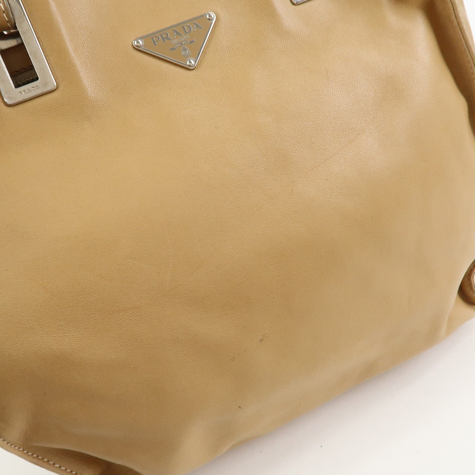 PRADA Triangle Logo Lambskin Tote Bag Shoulder Bag Beige BR1566