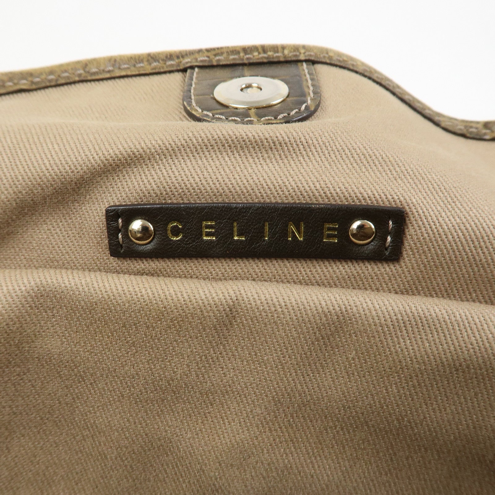 CELINE Macadam Logo Canvas Emboss Leather Shoulder Bag Beige Brown
