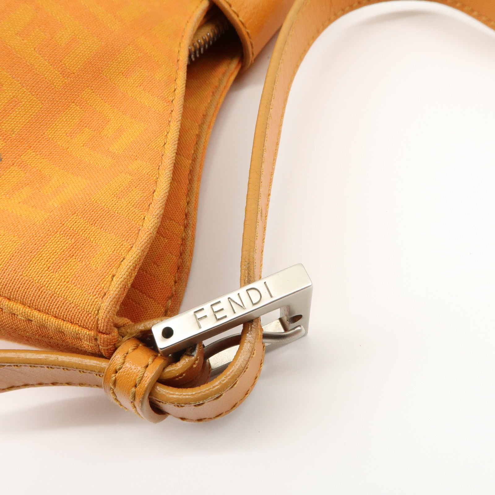 FENDI Zucchino Canvas Leather Shoulder Bag Hand Bag Orange 8BR036 Used