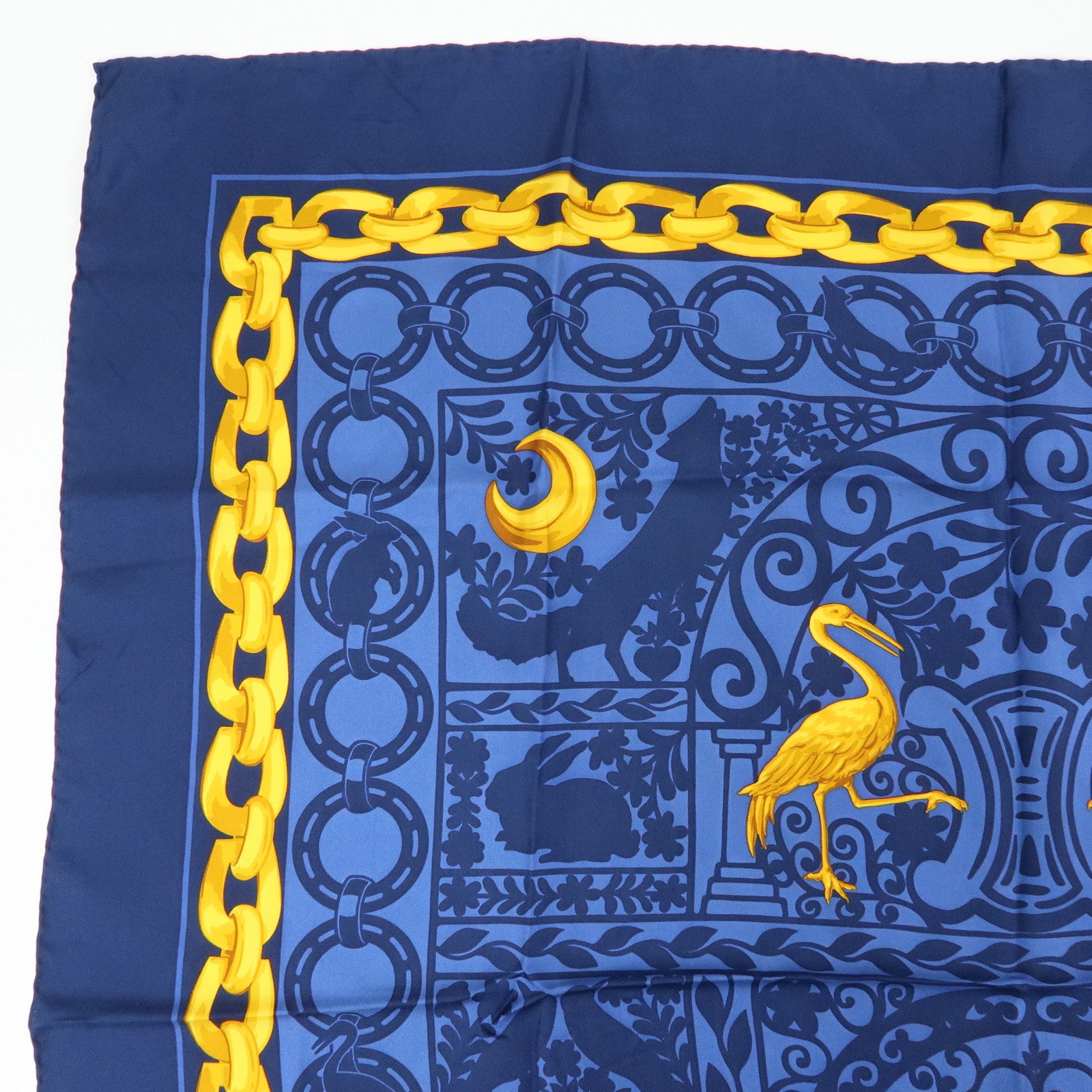 CELINE Silk 100% Scarf Lion Chain Motif Blue Yellow