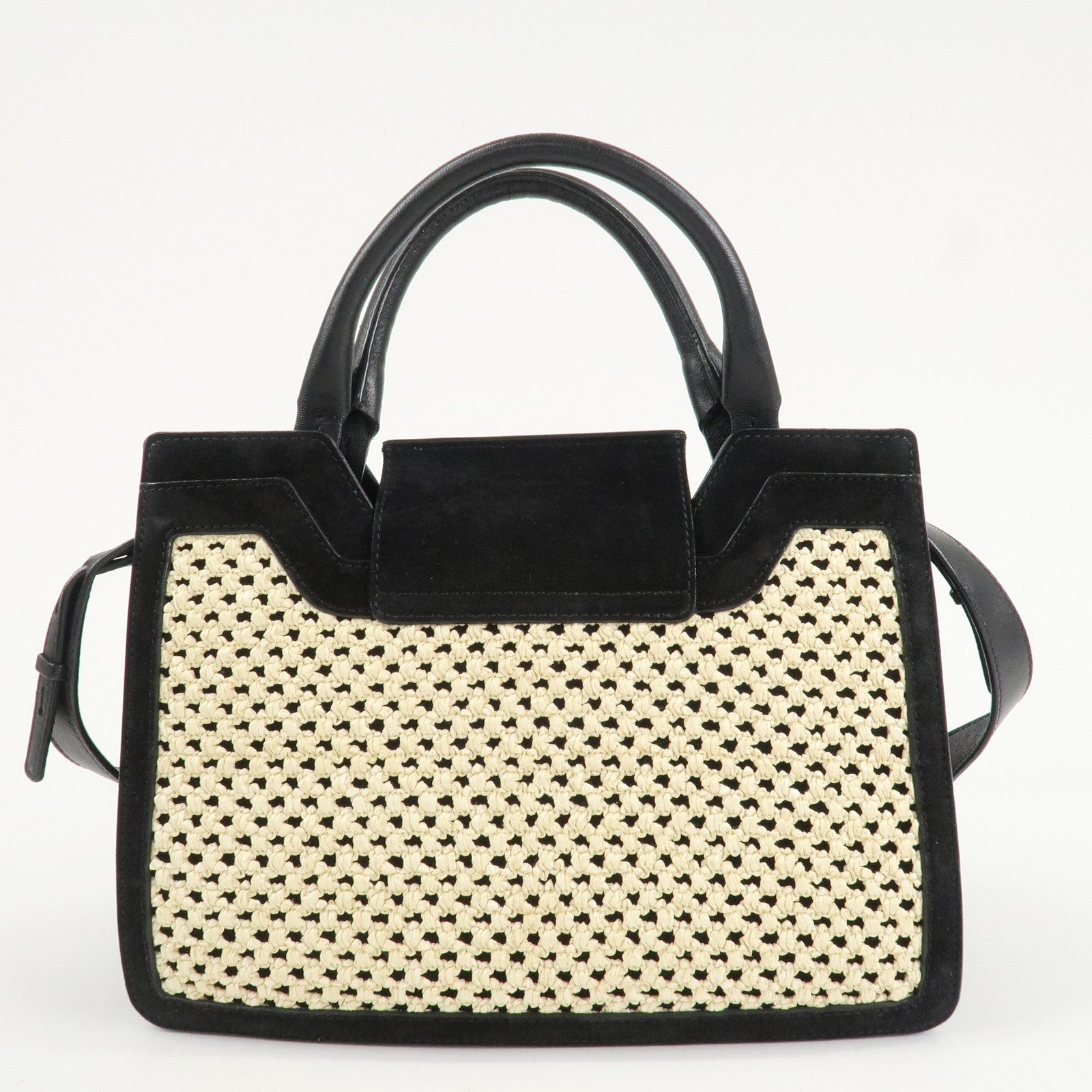 JIMMY CHOO Leather Suede Straw 2WAY Hand Bag Shoulder Bag Black Used