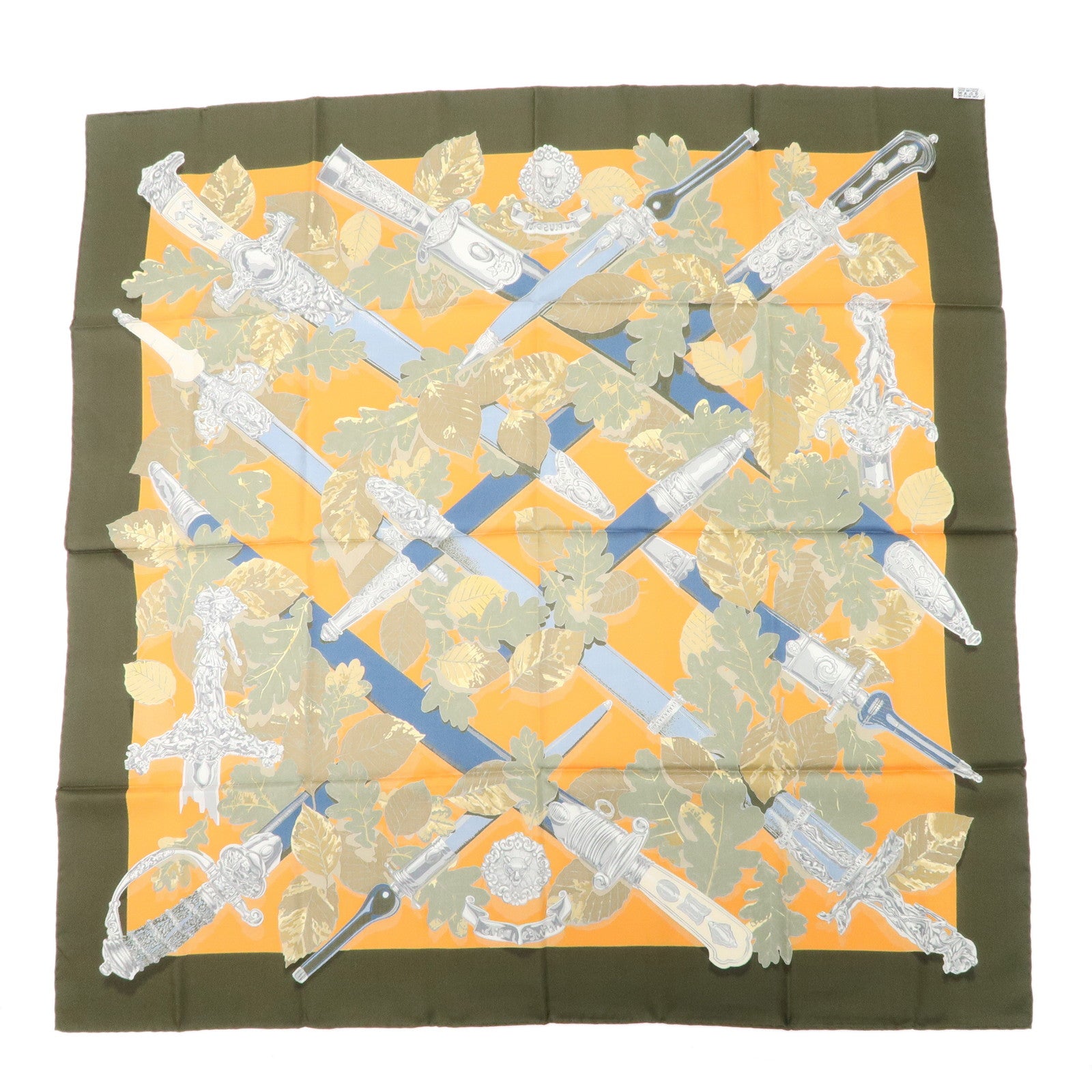 HERMES Carre90 Silk 100% Scarf AU PLUS DRU Khaki Orange Used