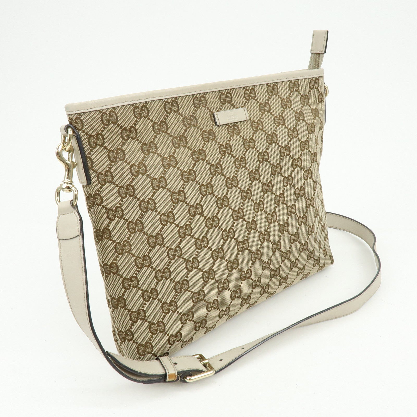 GUCCI GG Canvas Leather Shoulder Crossbody Bag Beige White 388924