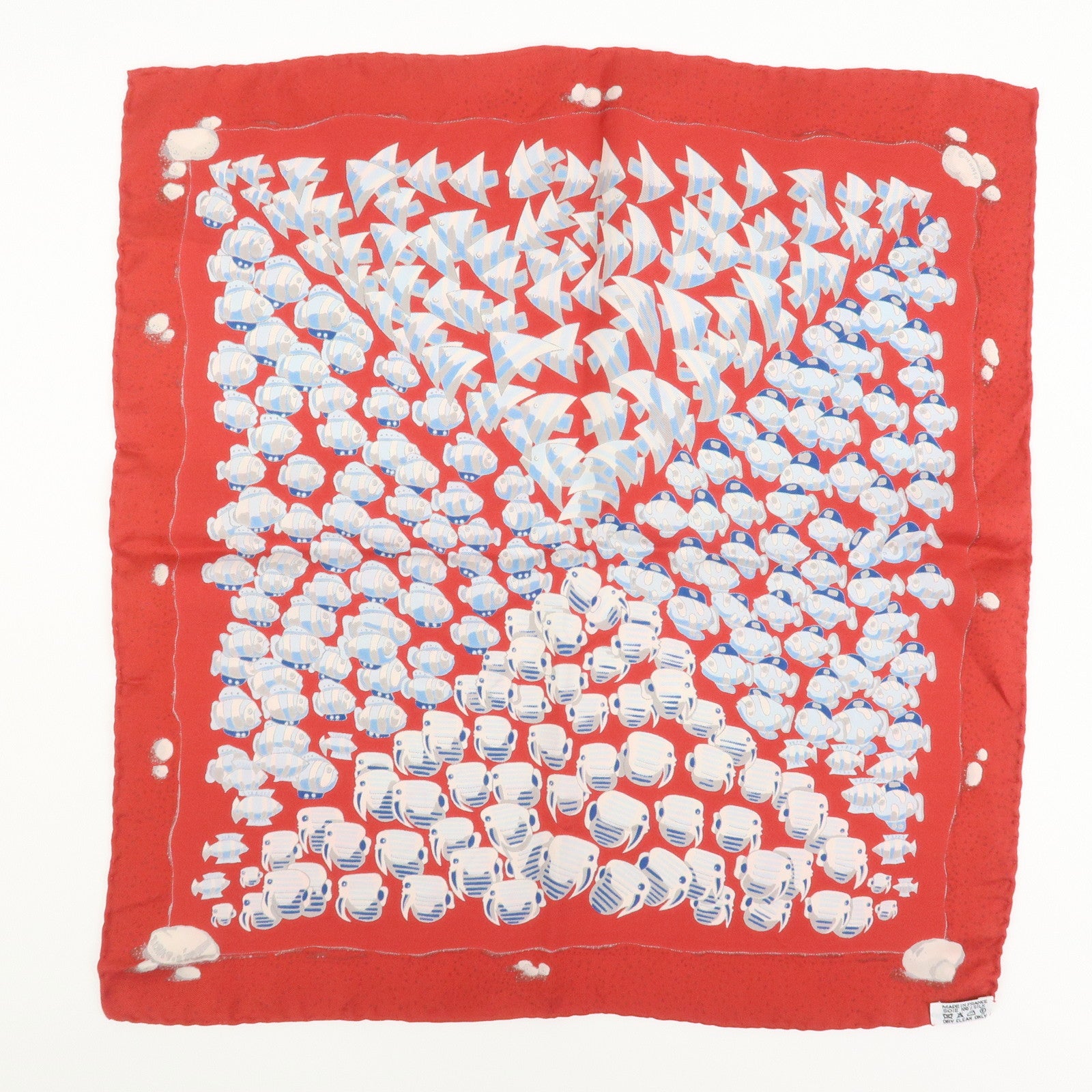 HERMES Carre 40 Silk 100% Mini Scarf Fish Print Red Blue