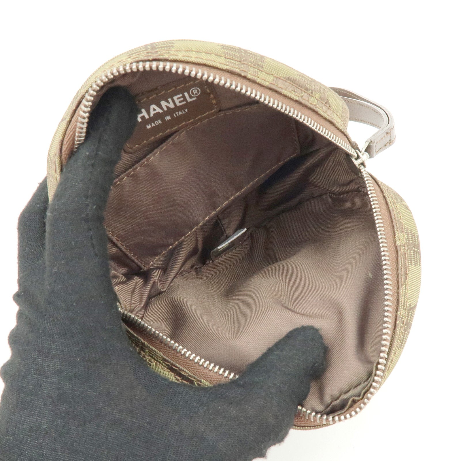 CHANEL New Travel Line COCO Mark Canvas Cosmetic Pouch Khaki Brown
