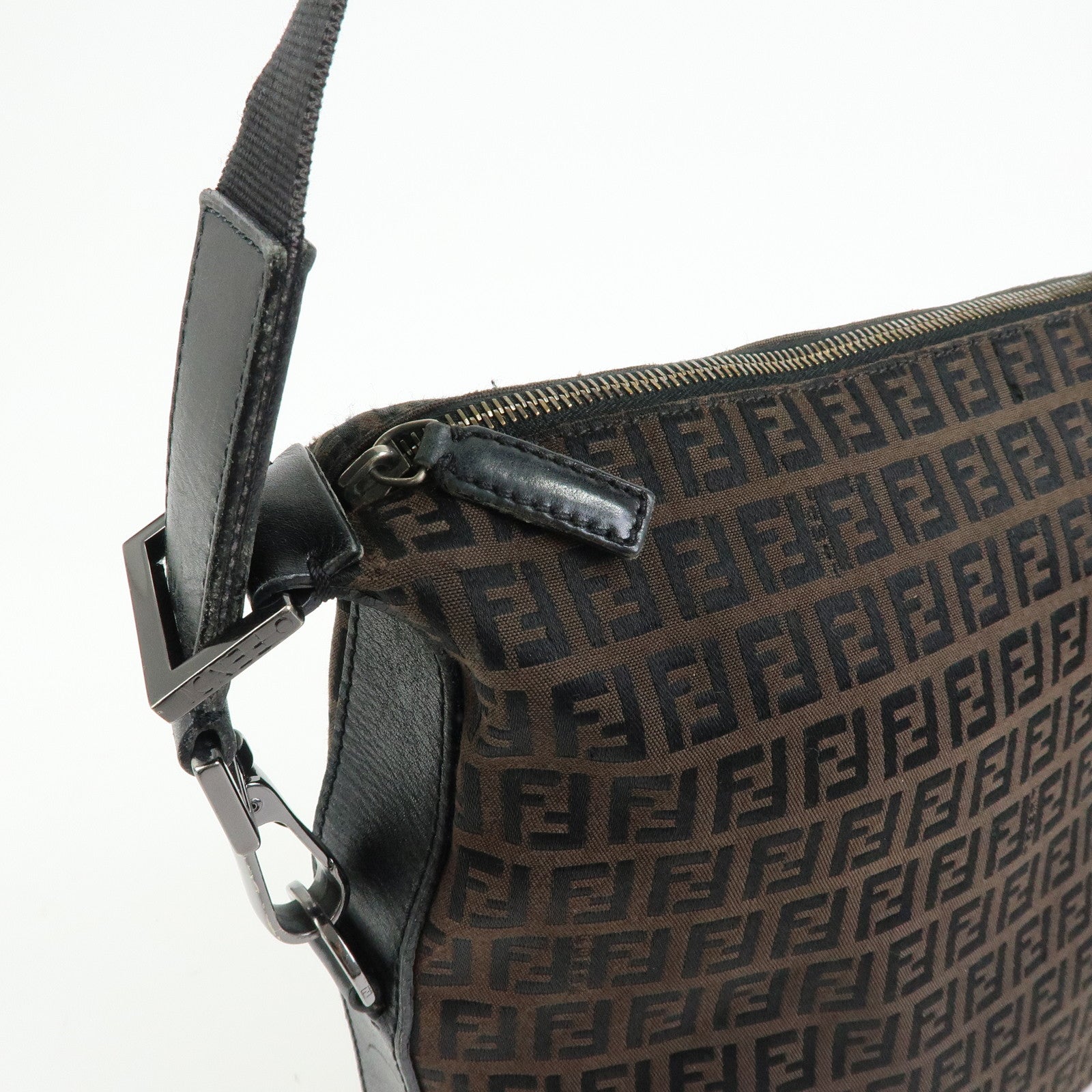 FENDI Zucchino Canvas Leather Shoulder Bag Brown Black 7VA004