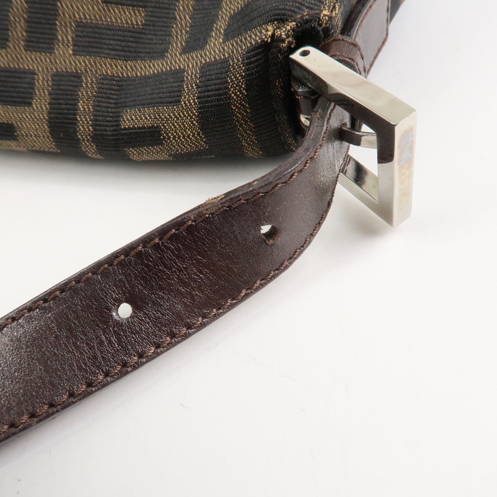 FENDI Mamma Baguette Zucca Canvas Leather Shoulder Bag Brown 26325