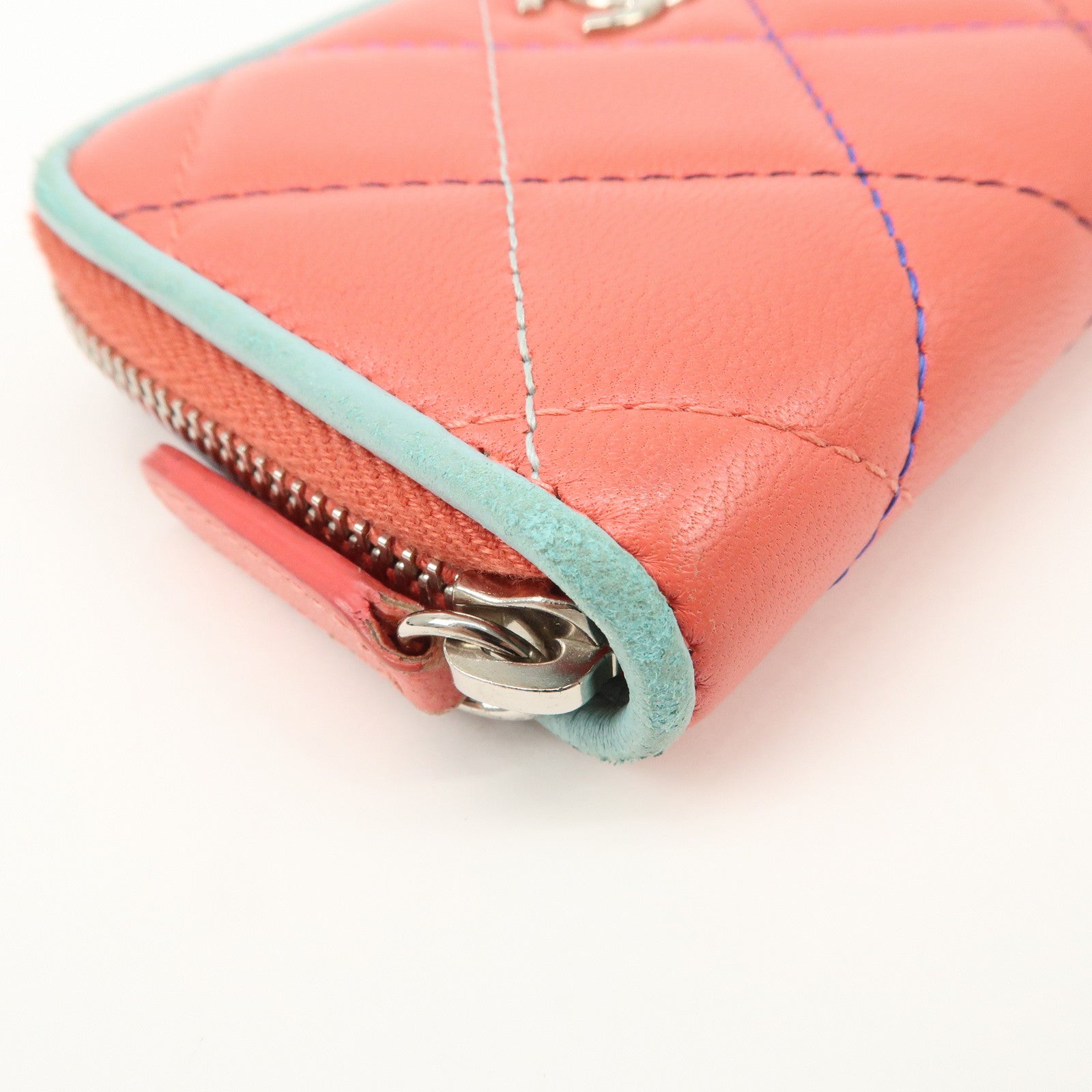 CHANEL Matelasse Lamb Skin Coin Case Coin Purse Pink Blue