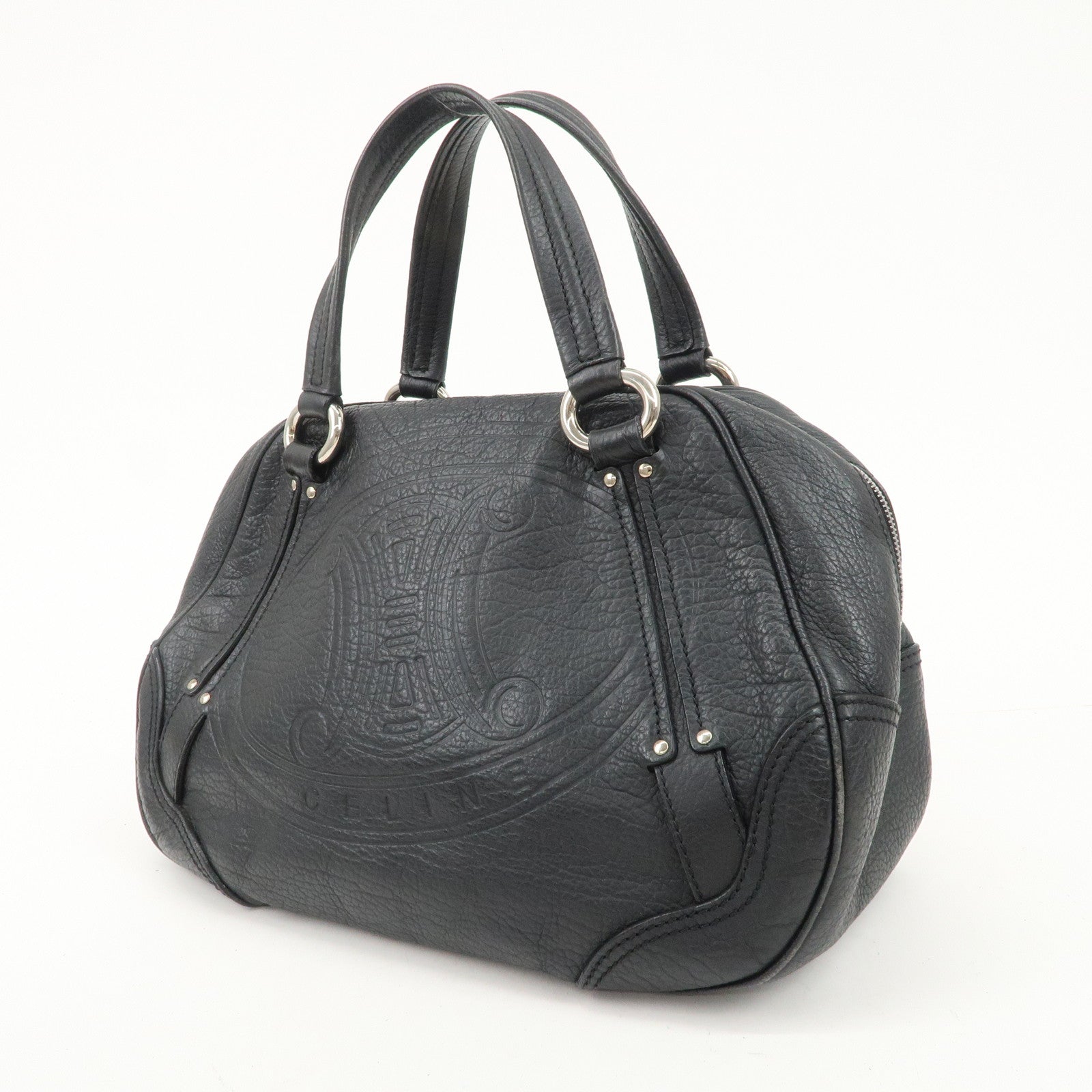 CELINE Leather Boston Bag Hand Bag Black Silver Hardware Used