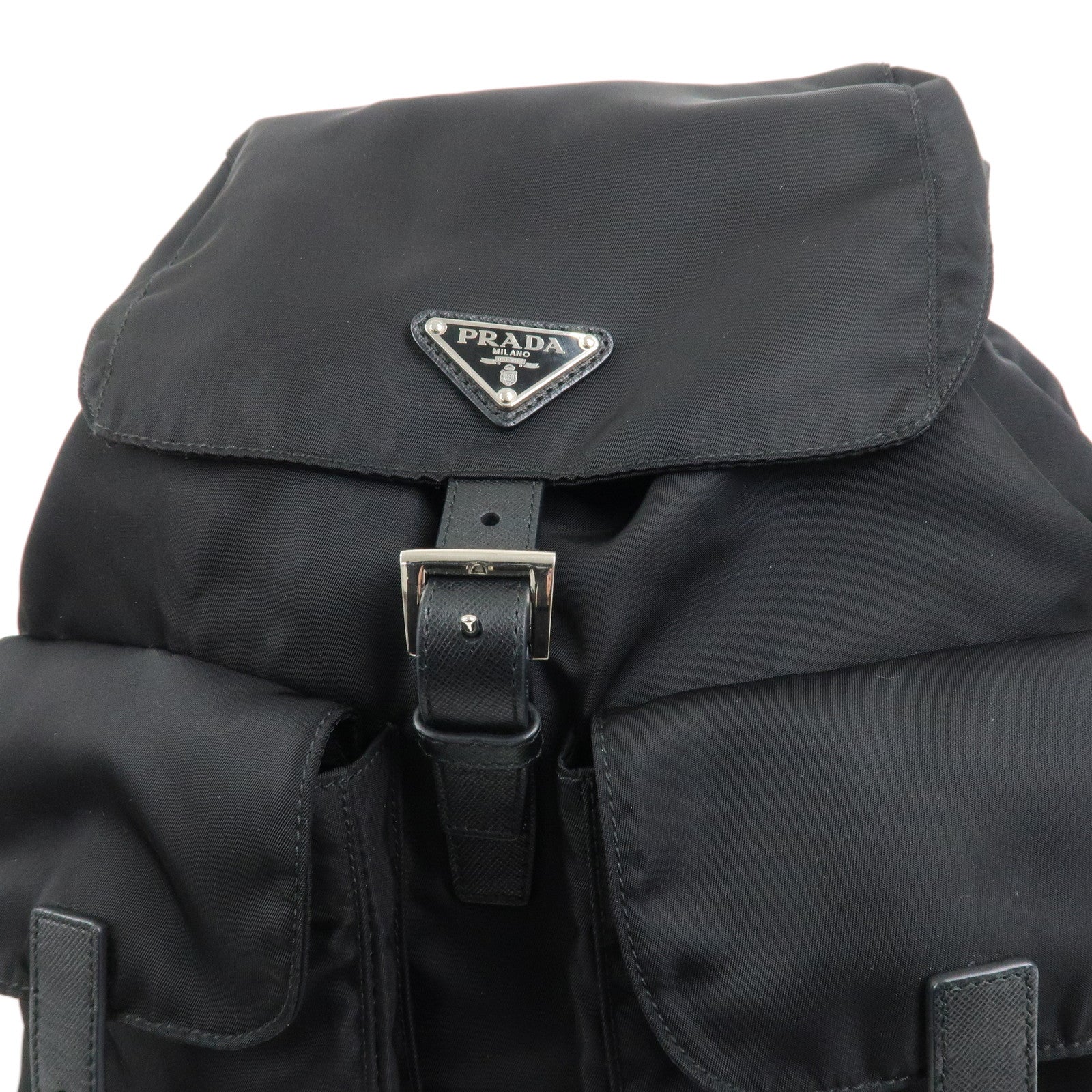 PRADA Triangle Logo Leather Nylon Backpack Rucksack Black B6677