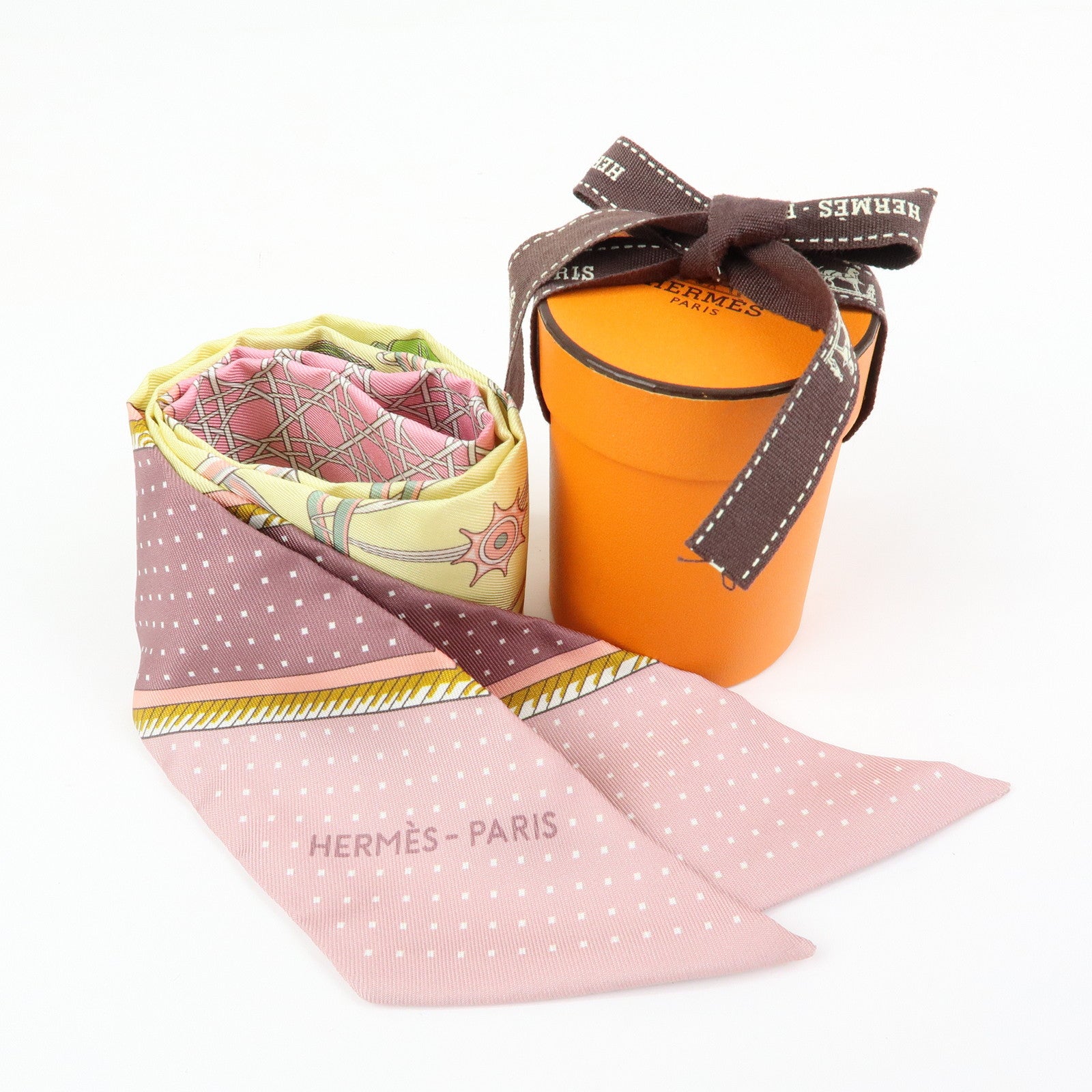 HERMES Silk 100% Twilly Les Voitures a Transformation Yellow Pink