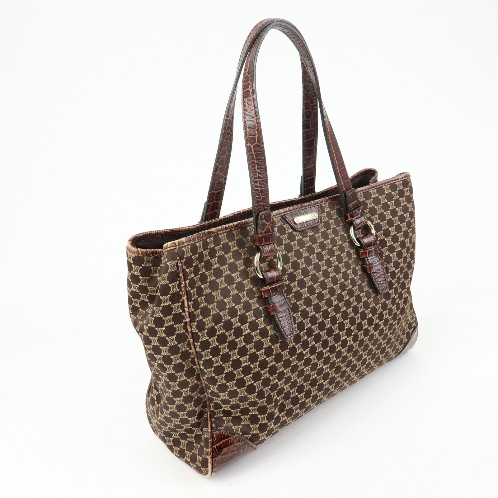 CELINE Macadam Embsossed Leather Canvas Tote Bag Hand Bag Brown