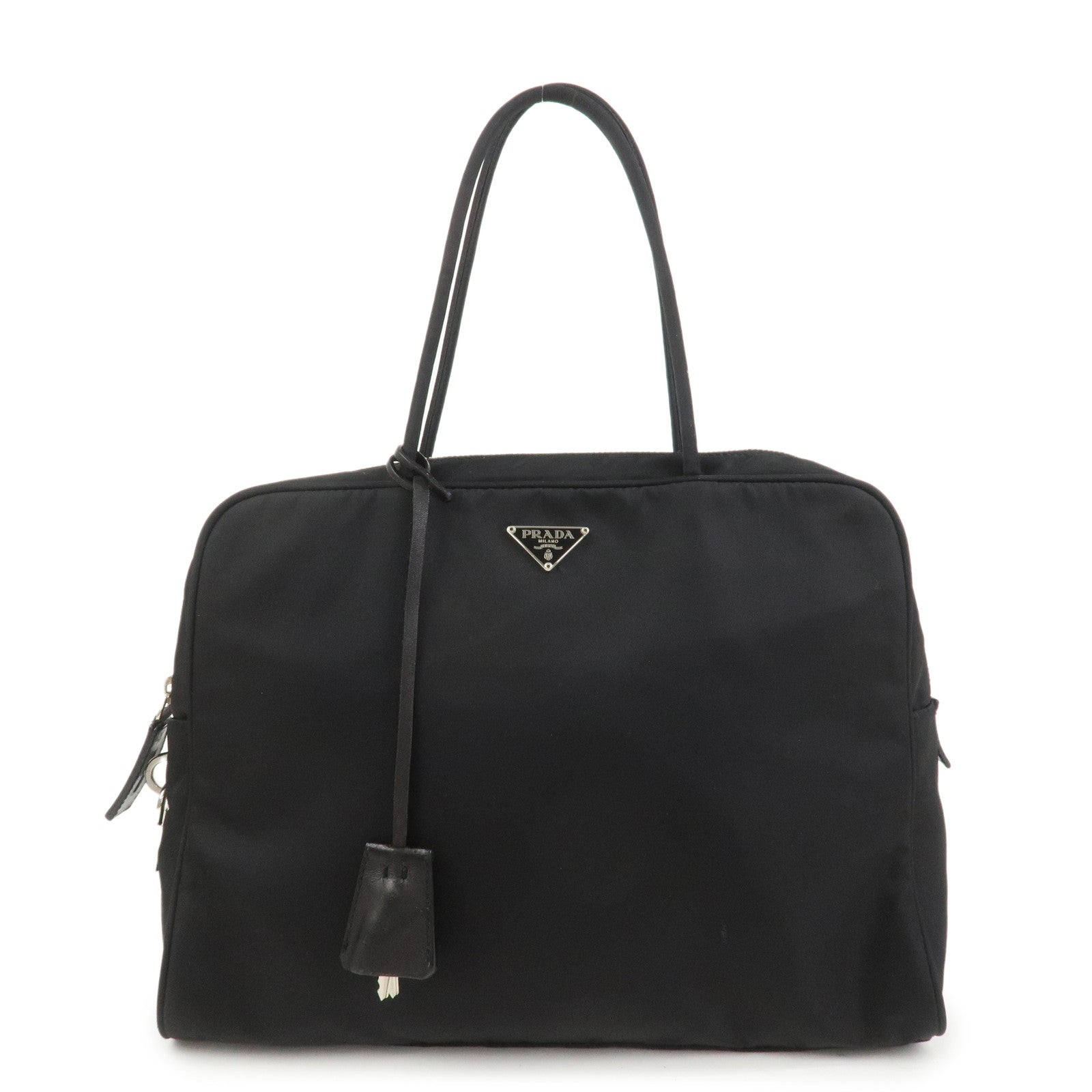 PRADA Triangle Logo Nylon Leather Hand Bag Black BN0531