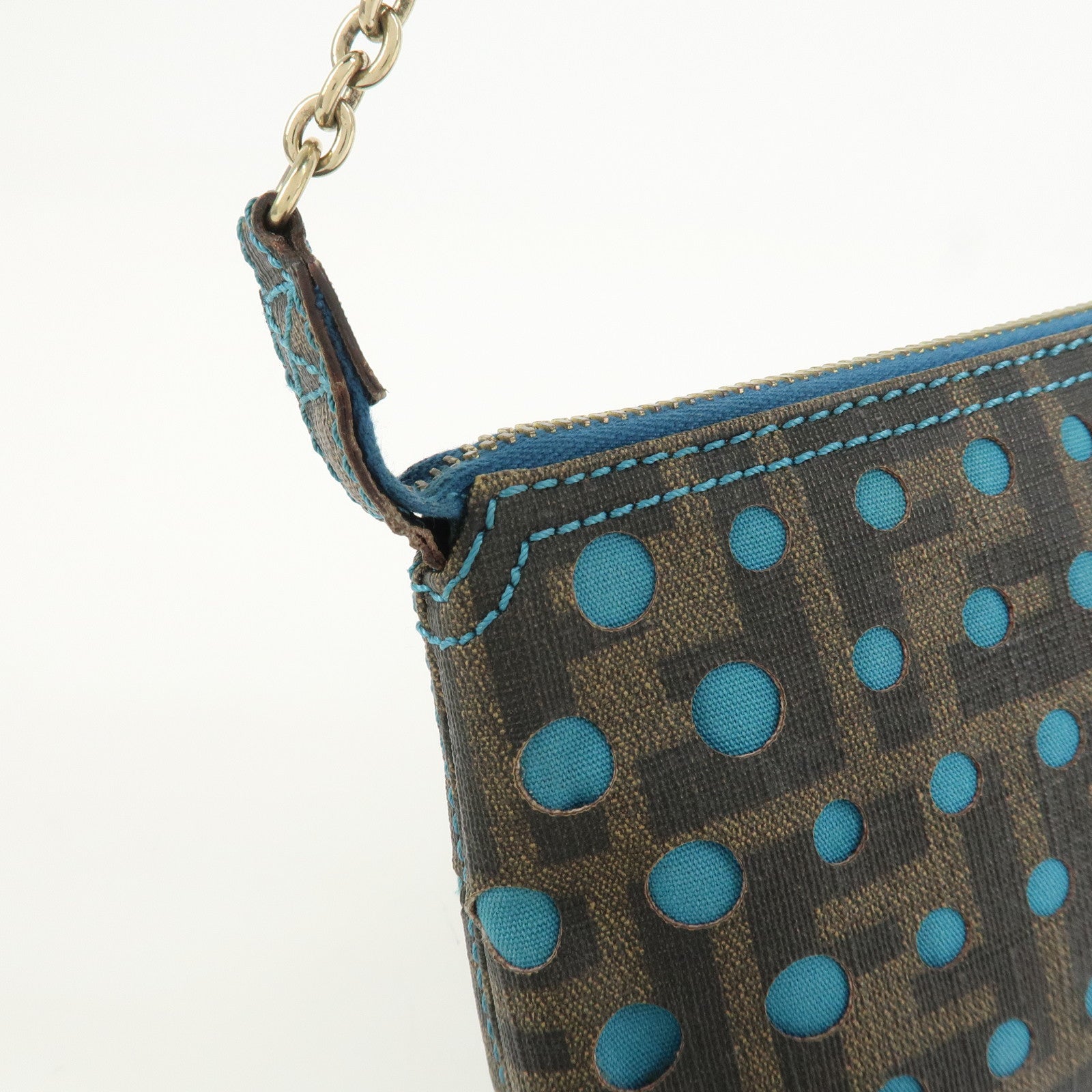 FENDI Zucca PVC Canvas Chain Accessory Pouch Brown Blue 8BR592