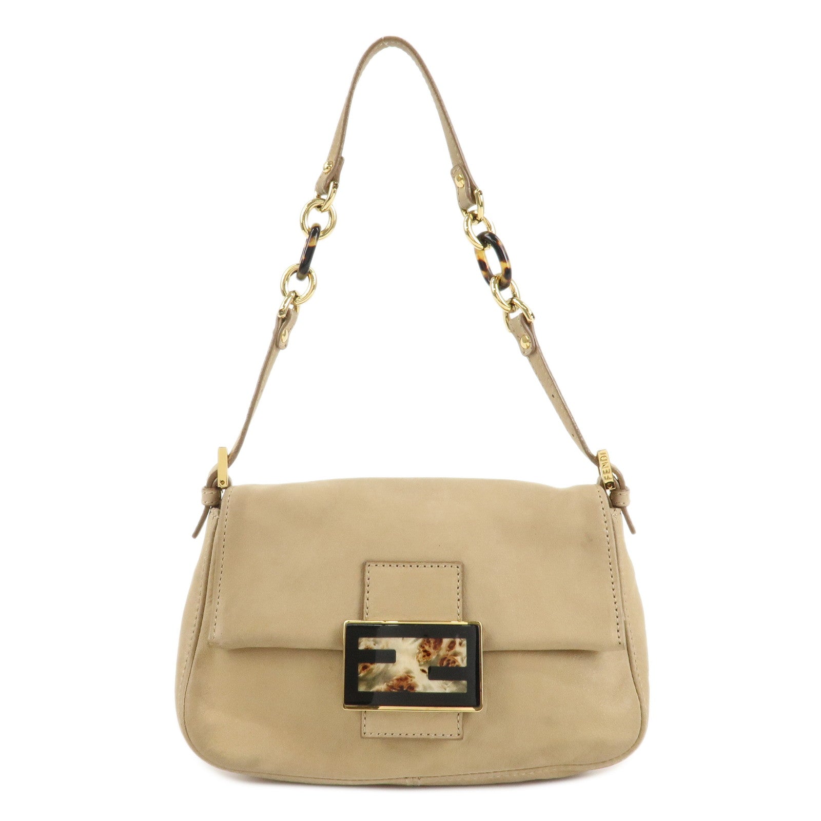 FENDI Mamma Baguette Leather Chain Shoulder Bag Beige 8BR180 Used