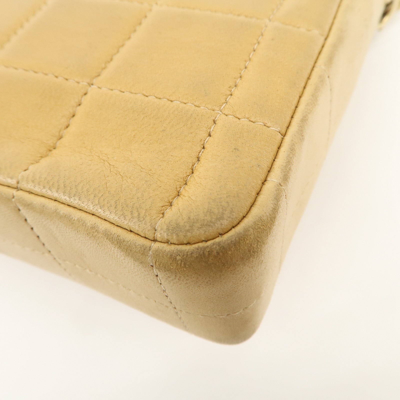 CHANEL Chocolate Bar Lamb Skin Chain Shoulder Bag Beige Gold Used