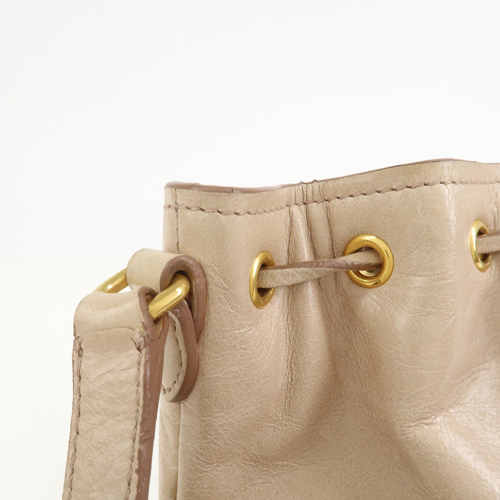 MIU MIU Logo Leather Drawstring Shoulder Bag Crossbody Bag Beige