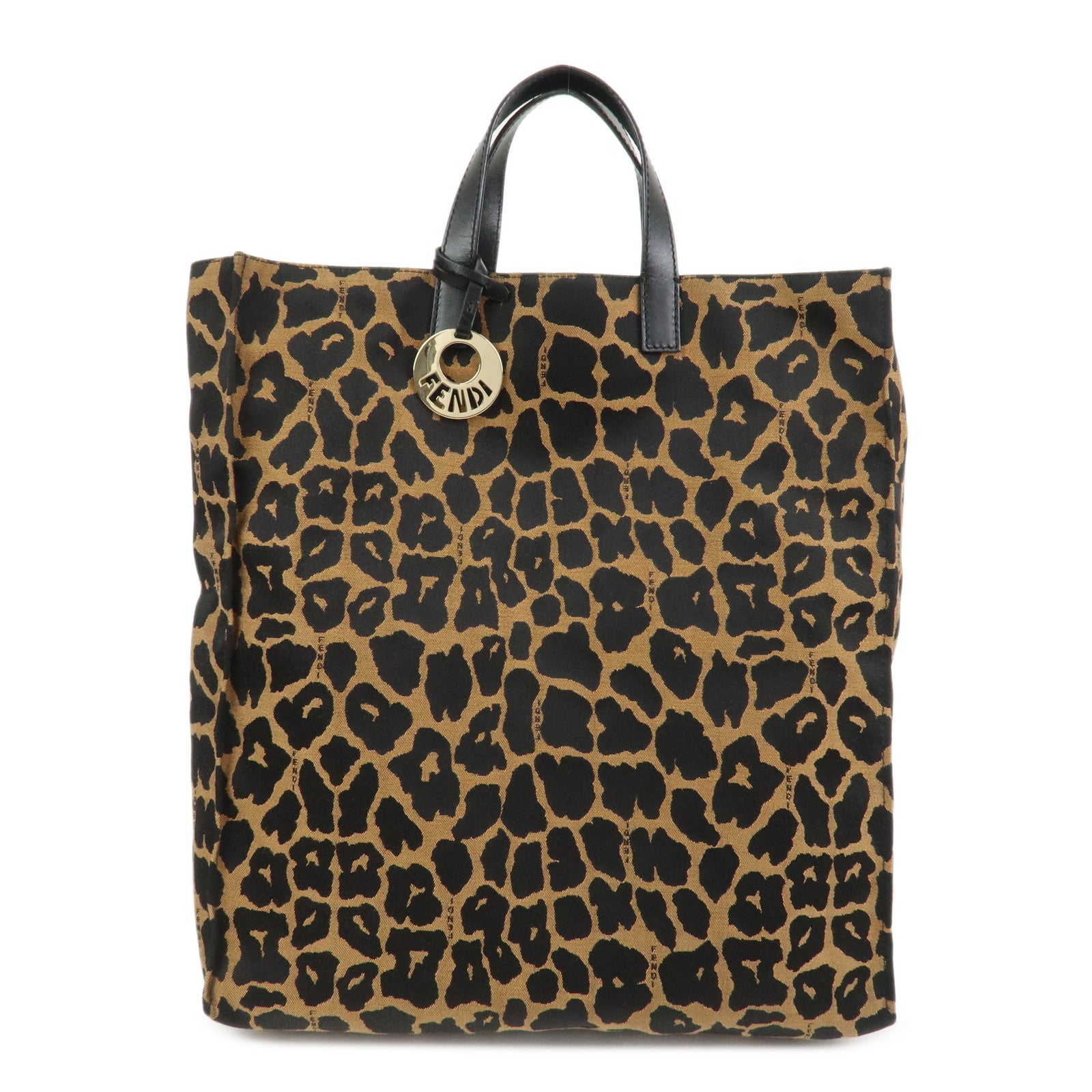 FENDI Leopard Canvas Leather Tote Bag Hand Bag Brown Black 8BH173