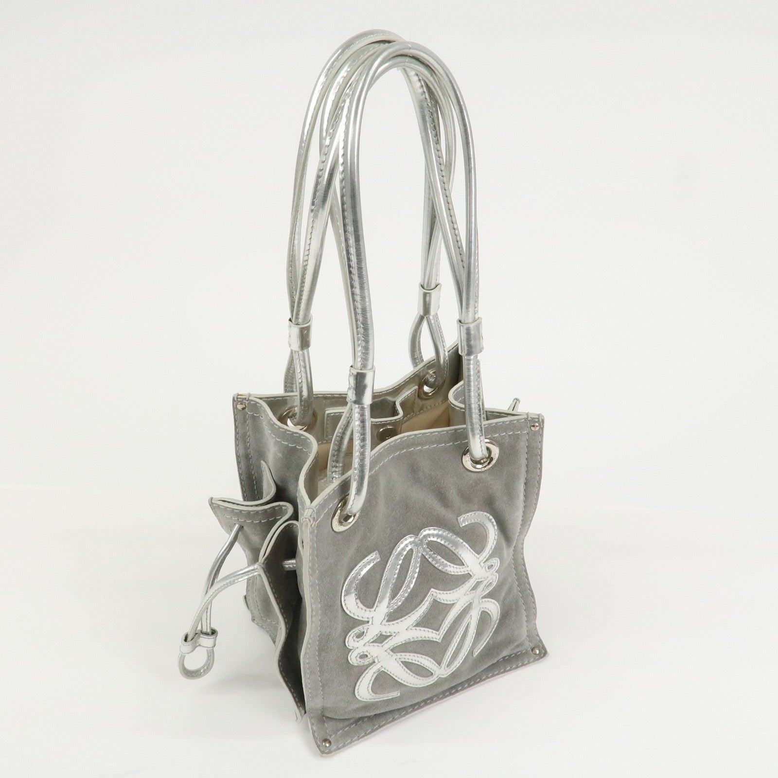 LOEWE Anagram Suede Leather Shoulder Bag Hand Bag Gray Silver