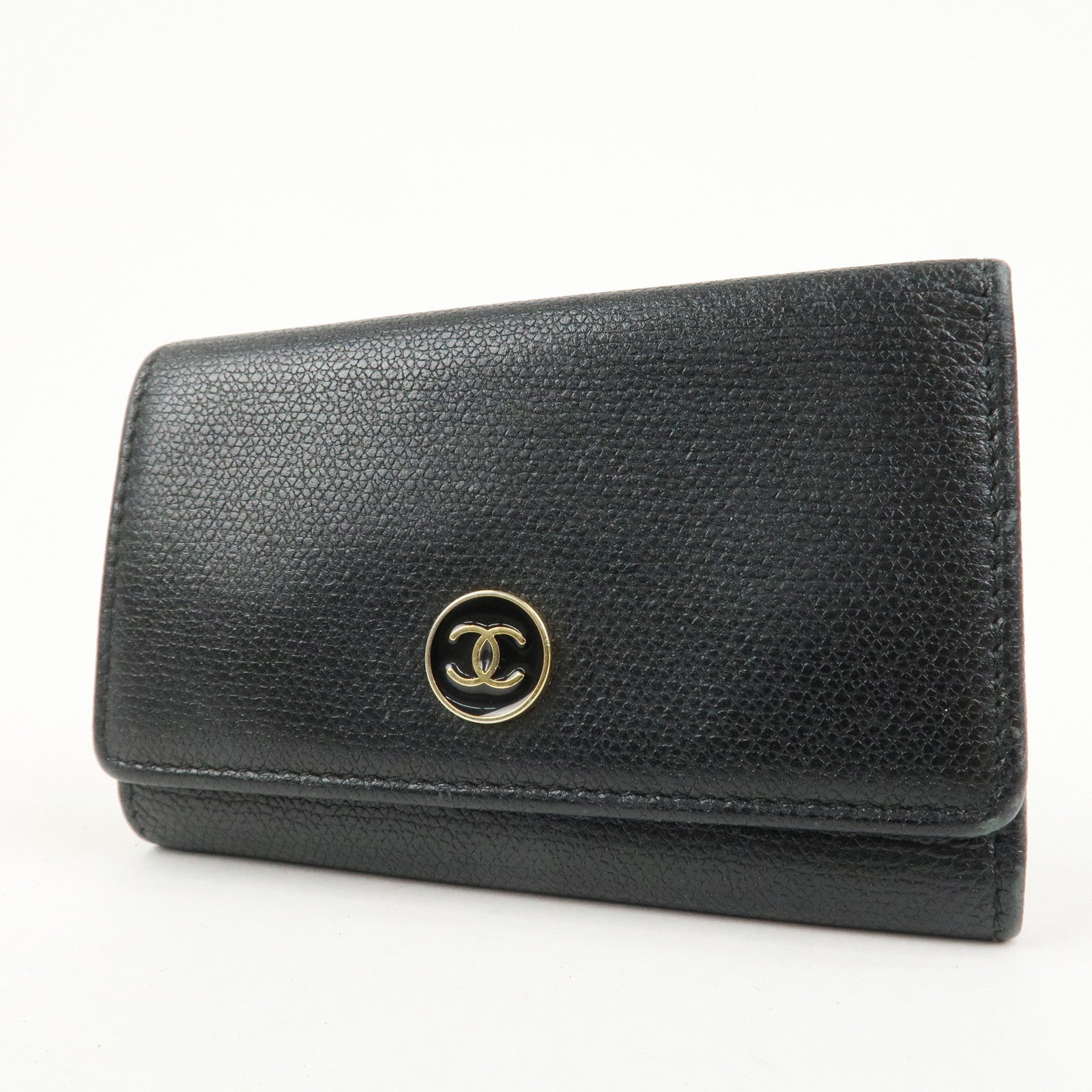 CHANEL Set Of 2 Leather Bi-Fold Long Wallet Key Case Black Gold