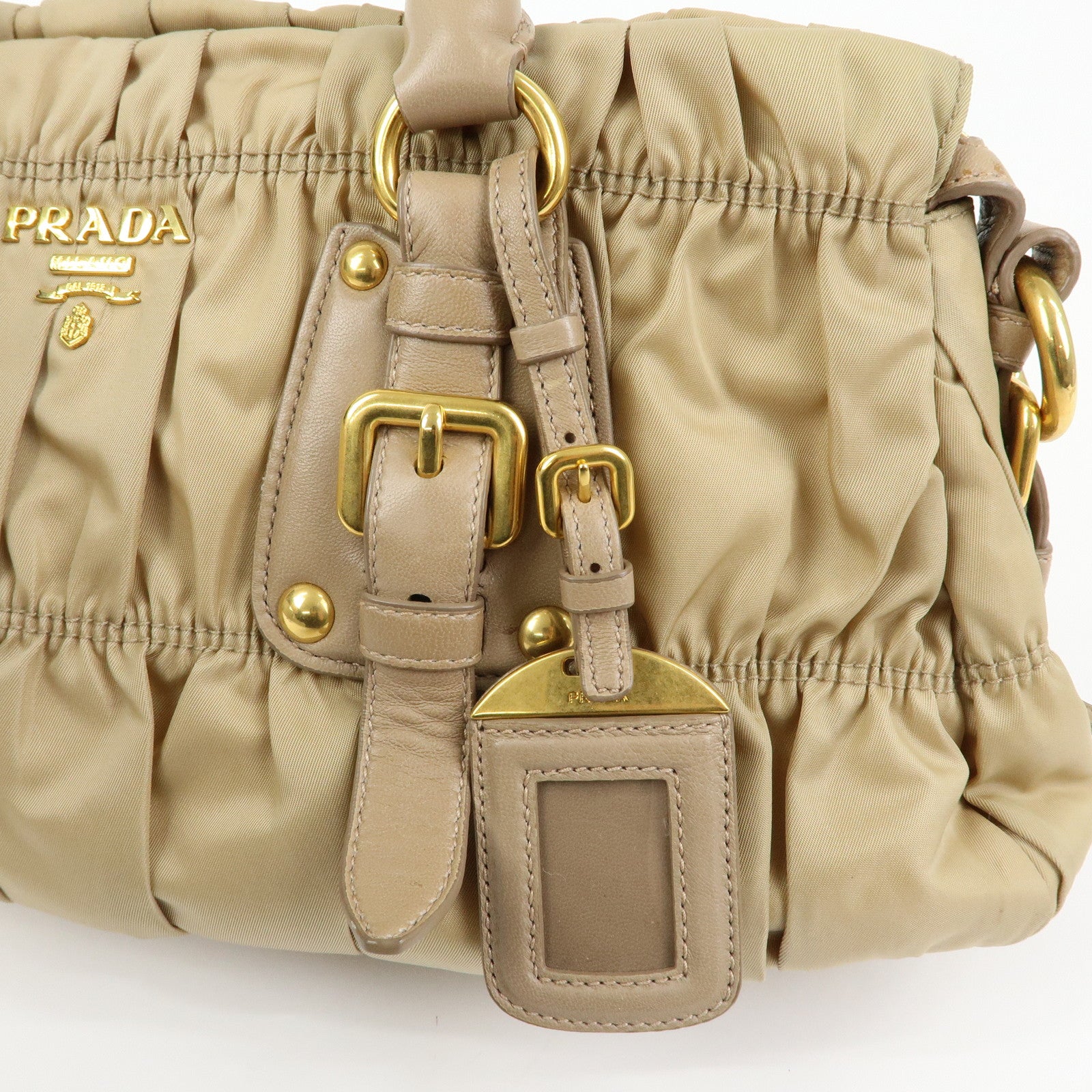 PRADA Gathered Nylon Leather 2Way Hand Shoulder Bag Beige BN1407