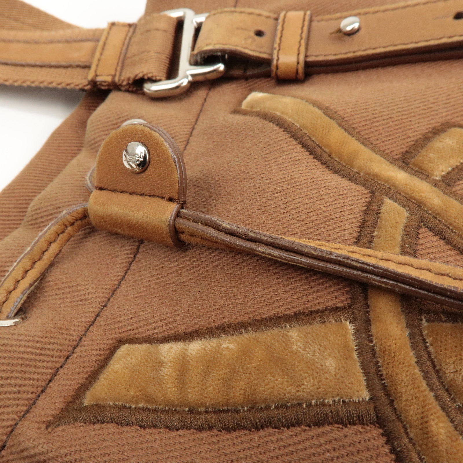 SAINT LAURENT Kahara Leather Canvas Velour Tote Bag Brown Used