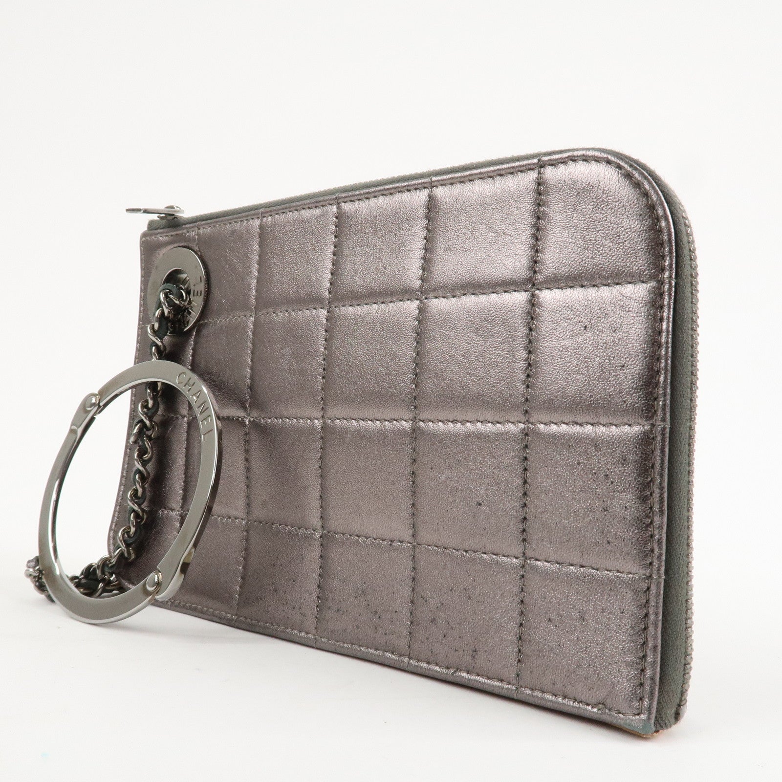 CHANEL Chocolate Bar Leather Clutch Bag Hand Bag Silver