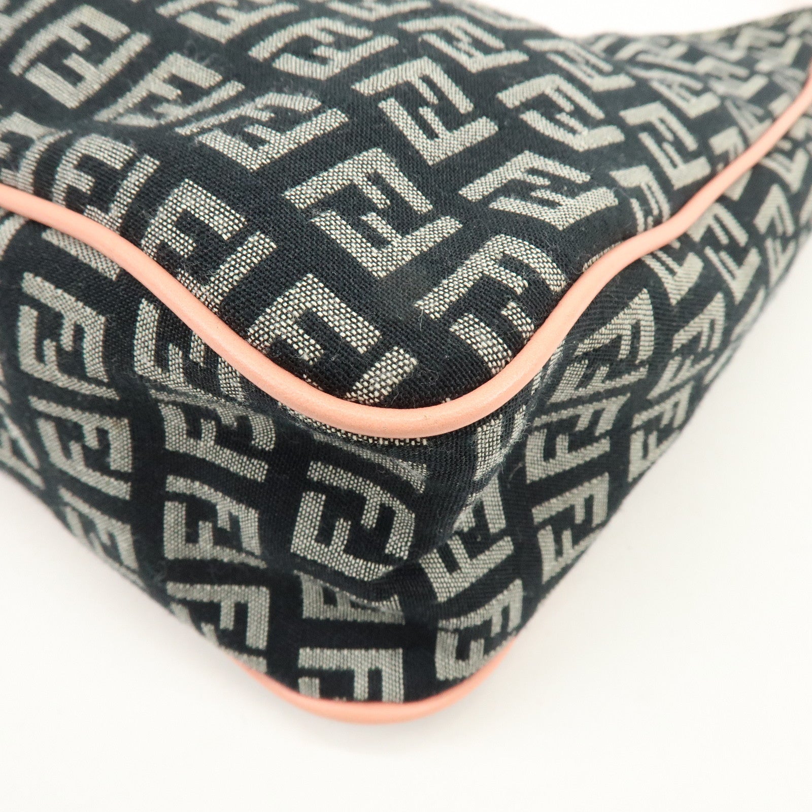 FENDI Zucchino Canvas Leather Hand Shoulder Bag Navy Pink 8BR158