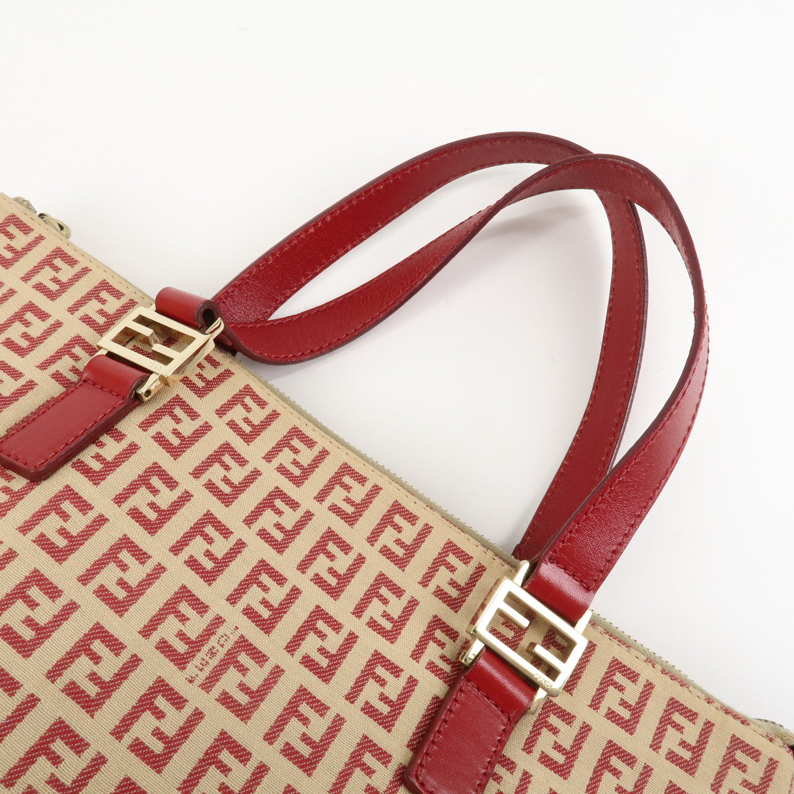 FENDI Zucchino Canvas Leather Hand Bag Beige Red 8BH134 Used