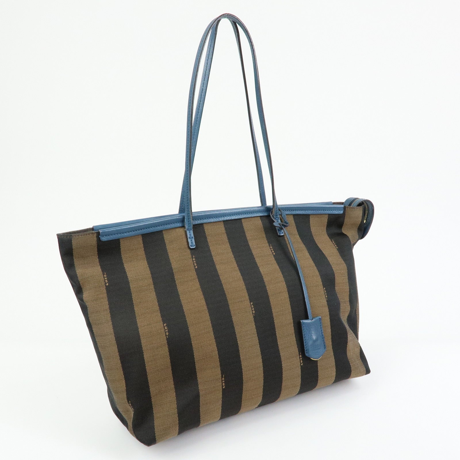 FENDI Pequin Canvas Leather Tote Bag Shoulder Bag Brown Navy 8BH185