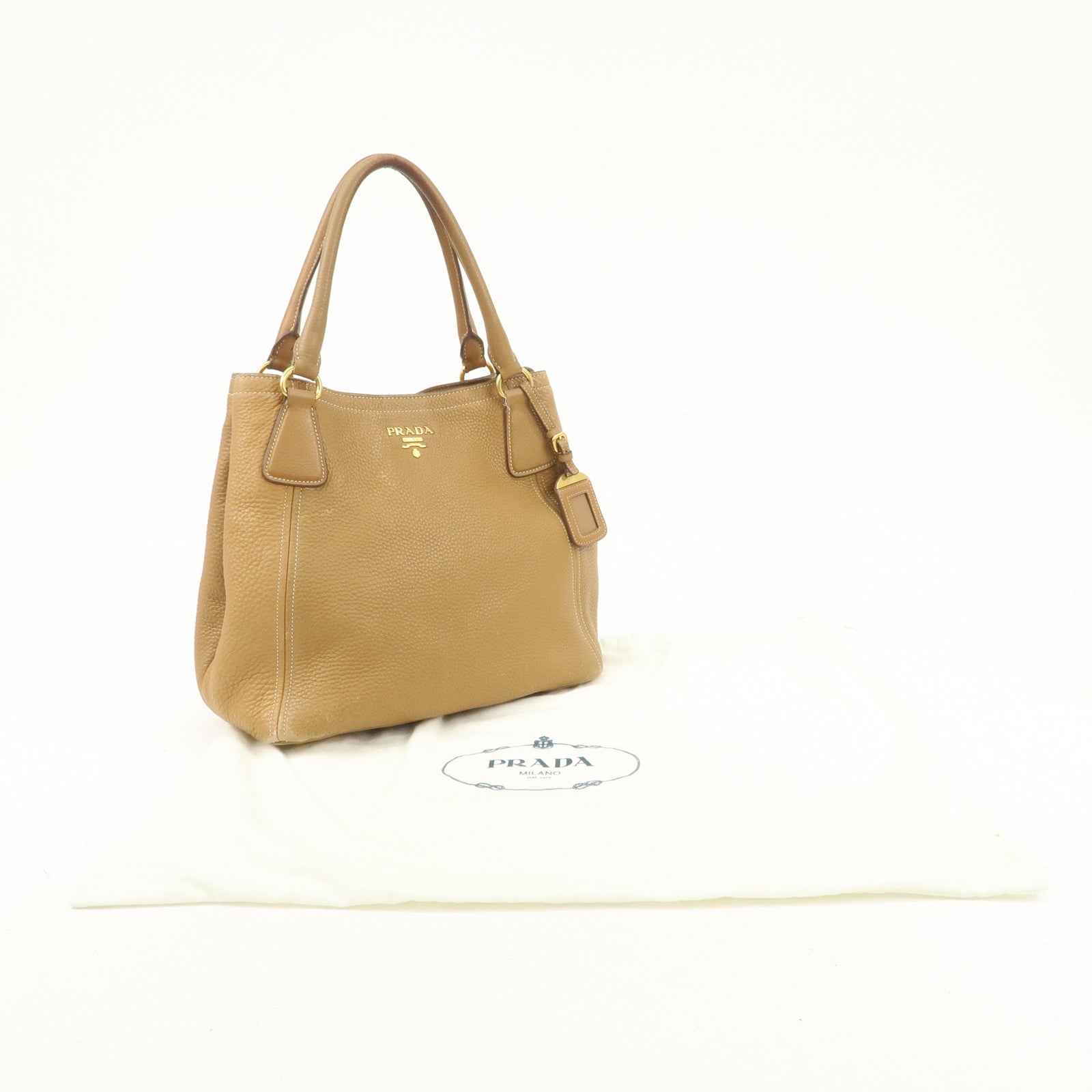 PRADA Leather Tote Bag Hand Bag Shoulder Bag Beige Gold HDW Used