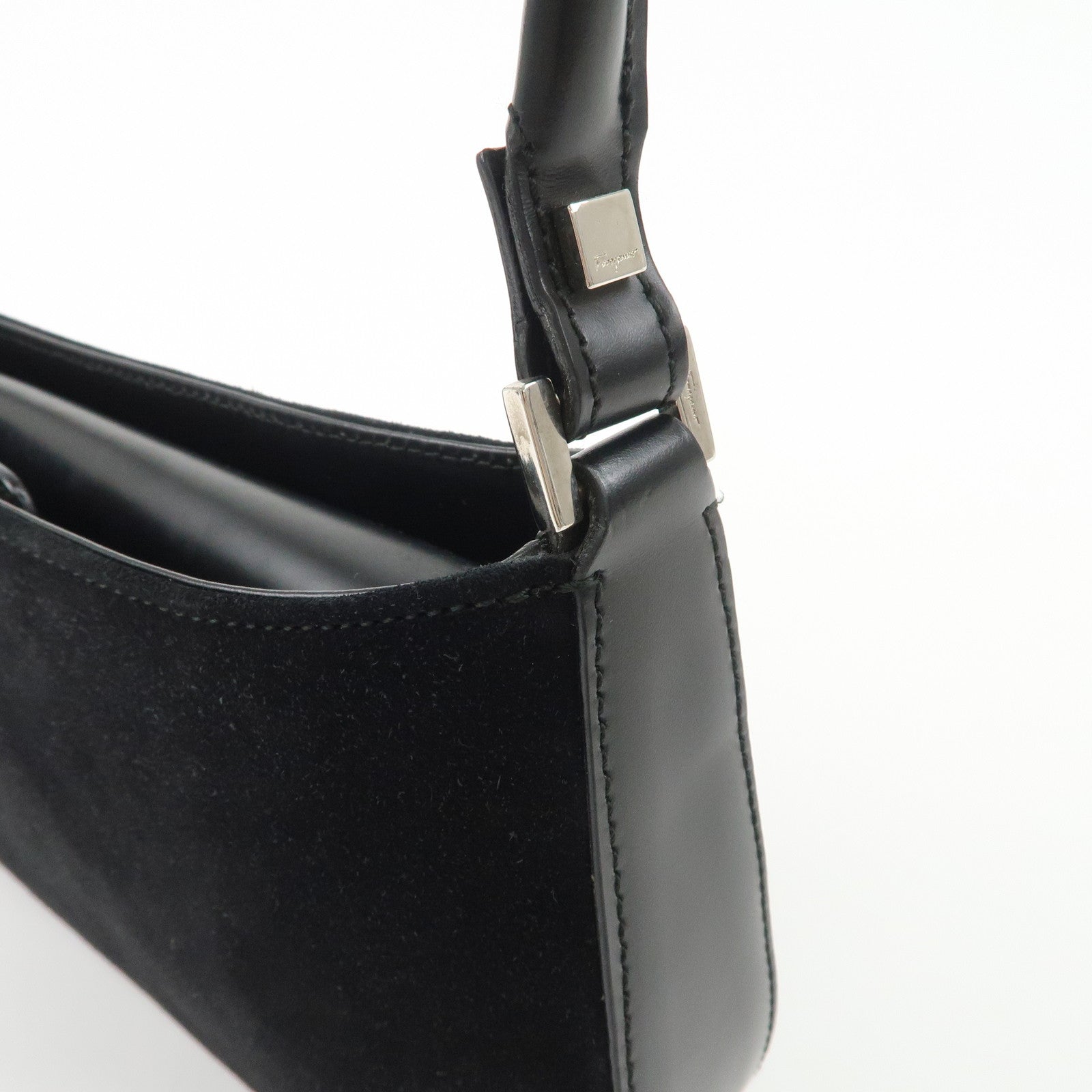 Ferragamo Logo Leather Suede Shoulder Bag Hand Bag Black