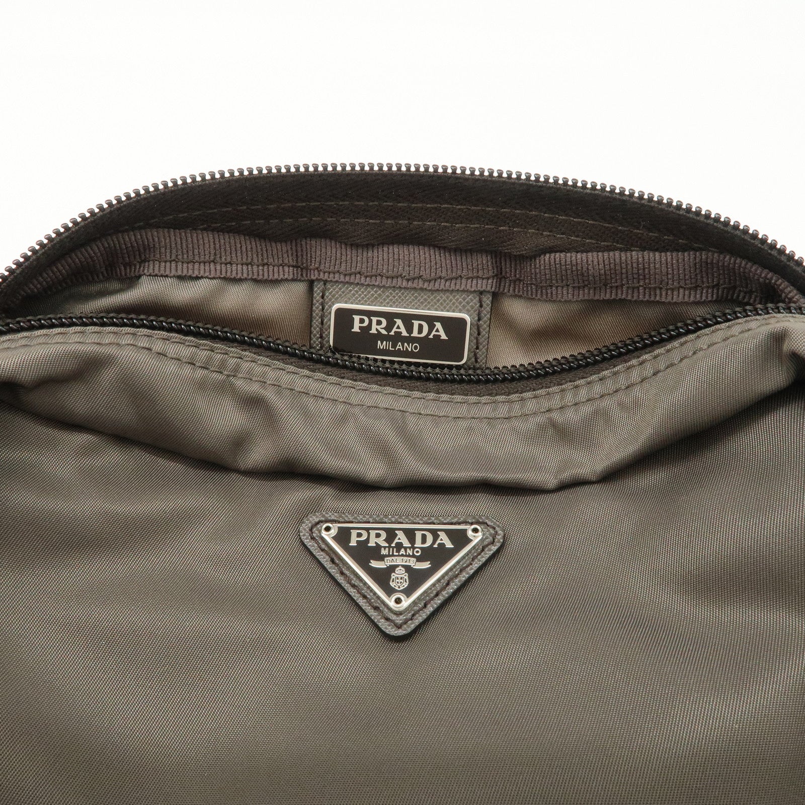 PRADA Set of 2 Leather Nylon Pouch Cosmetic Pouch Gray Khaki Used