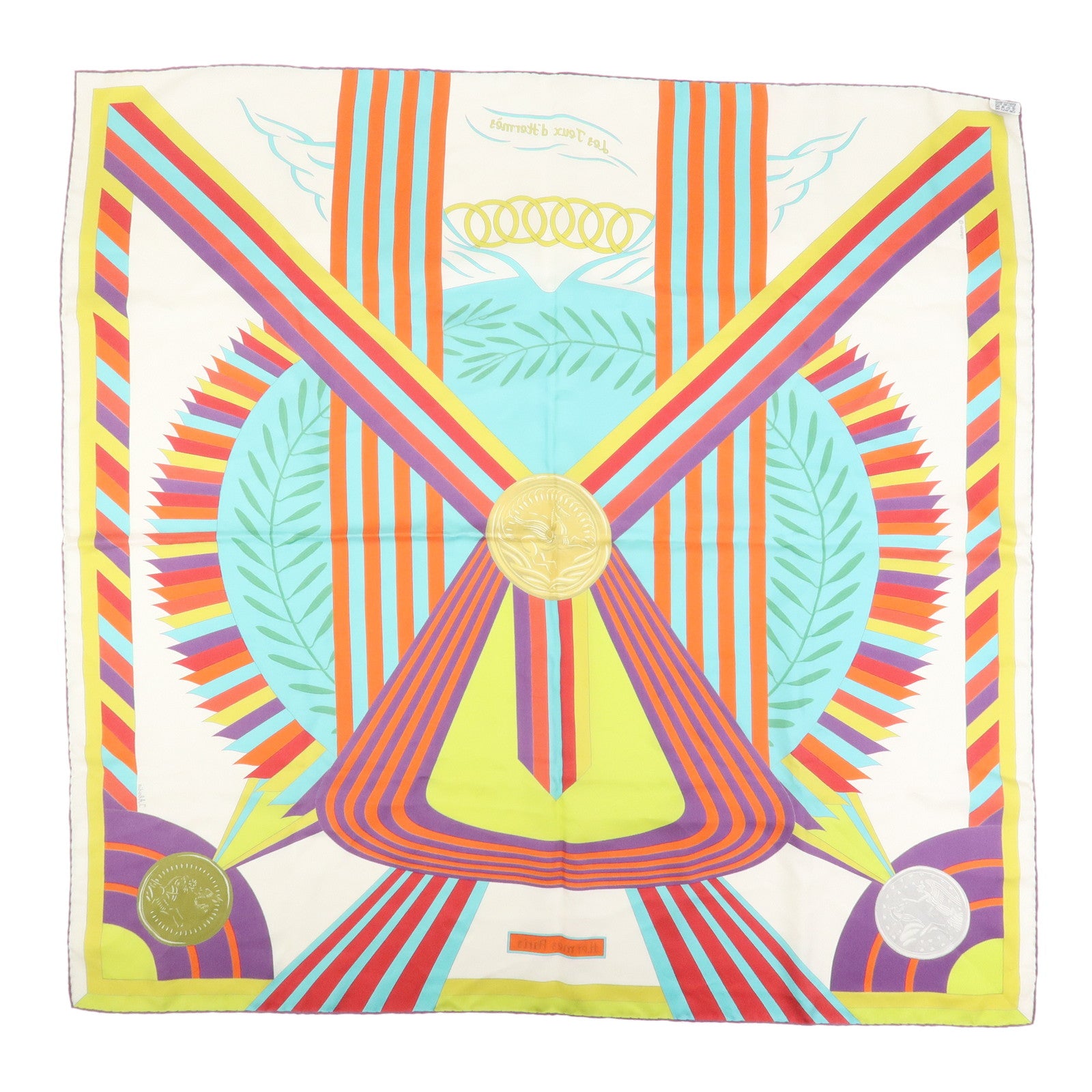 HERMES Carre 90 Silk 100% Scarf JES JEUX D'HERMES White Multicolor