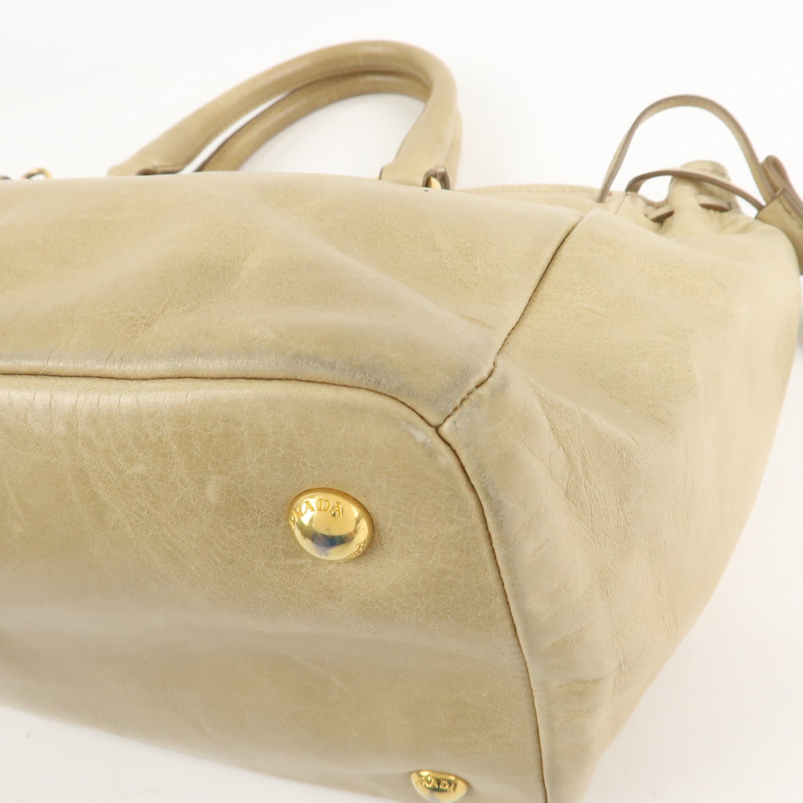 PRADA Triangle Logo VITELLOSHINE Leather 2Way Bag Beige BN1921