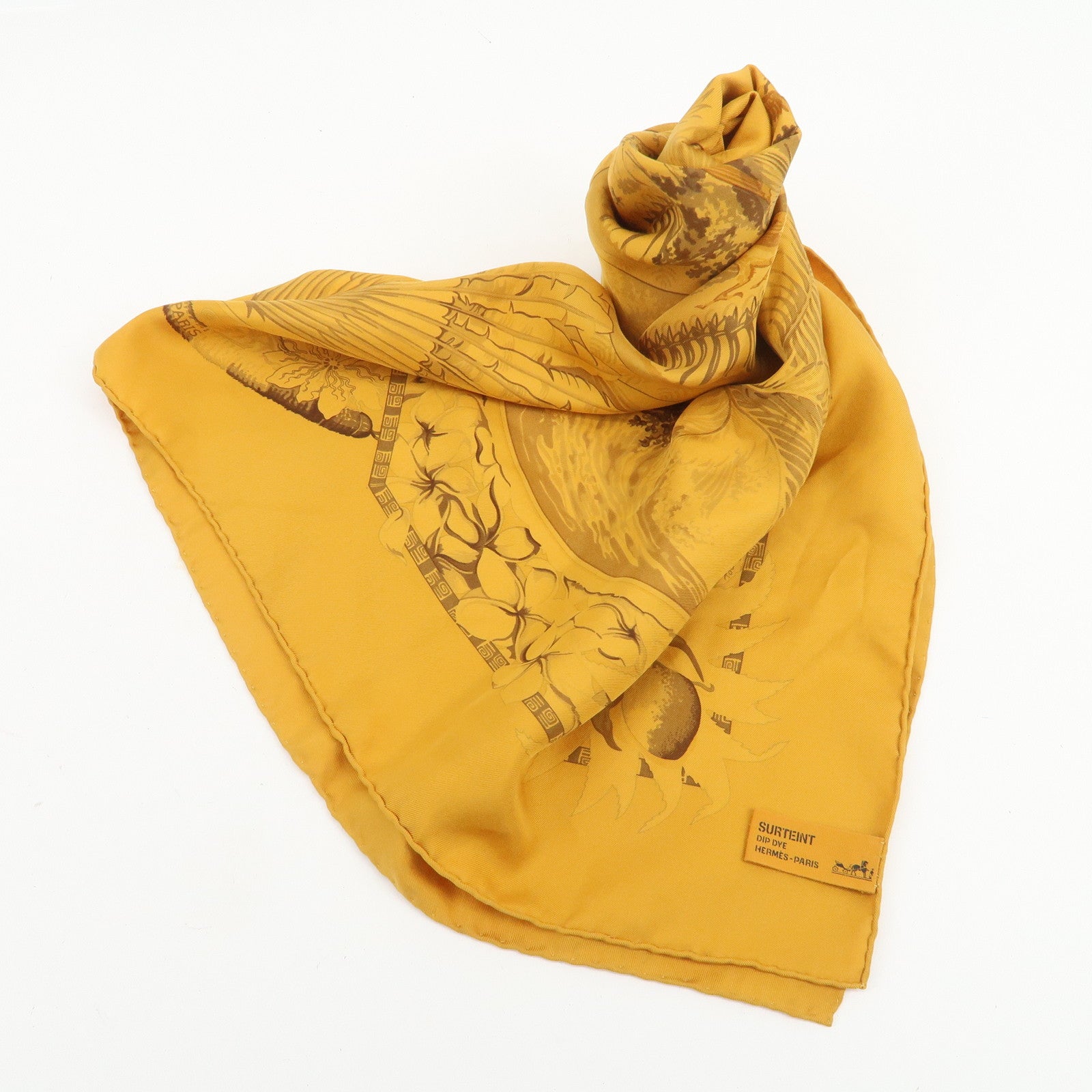 HERMES Carre 90 Silk 100% Aloha Hawaiian Print Scarf Orange